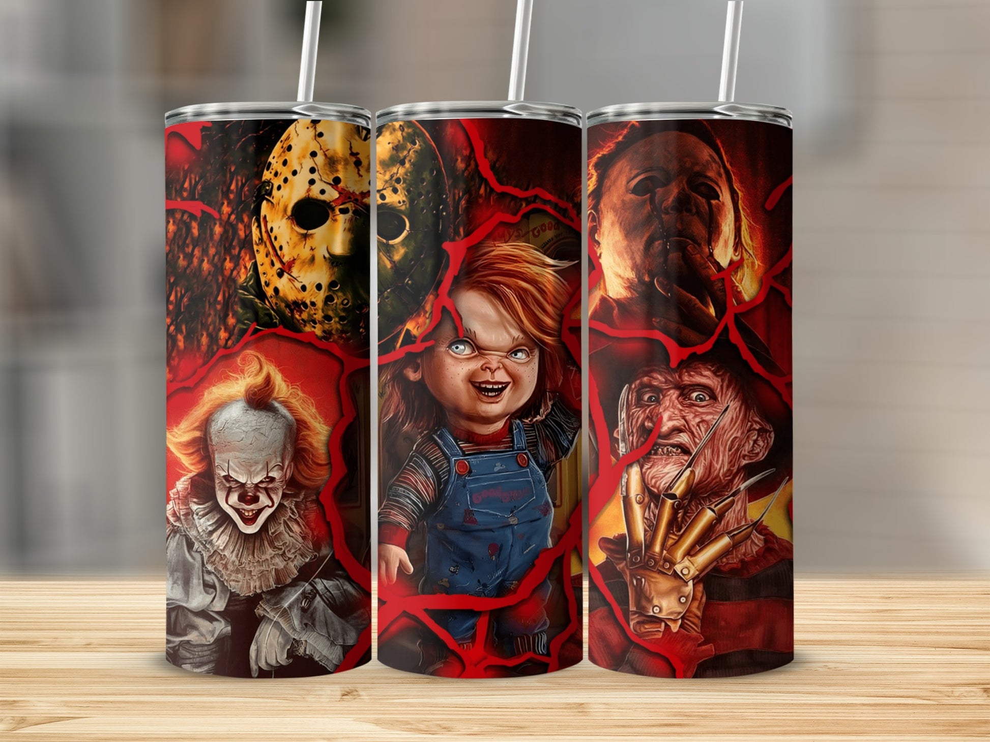 Three tumblers featuring Pennywise, Chucky, Freddy Krueger, Jason Voorhees, and Michael Myers.