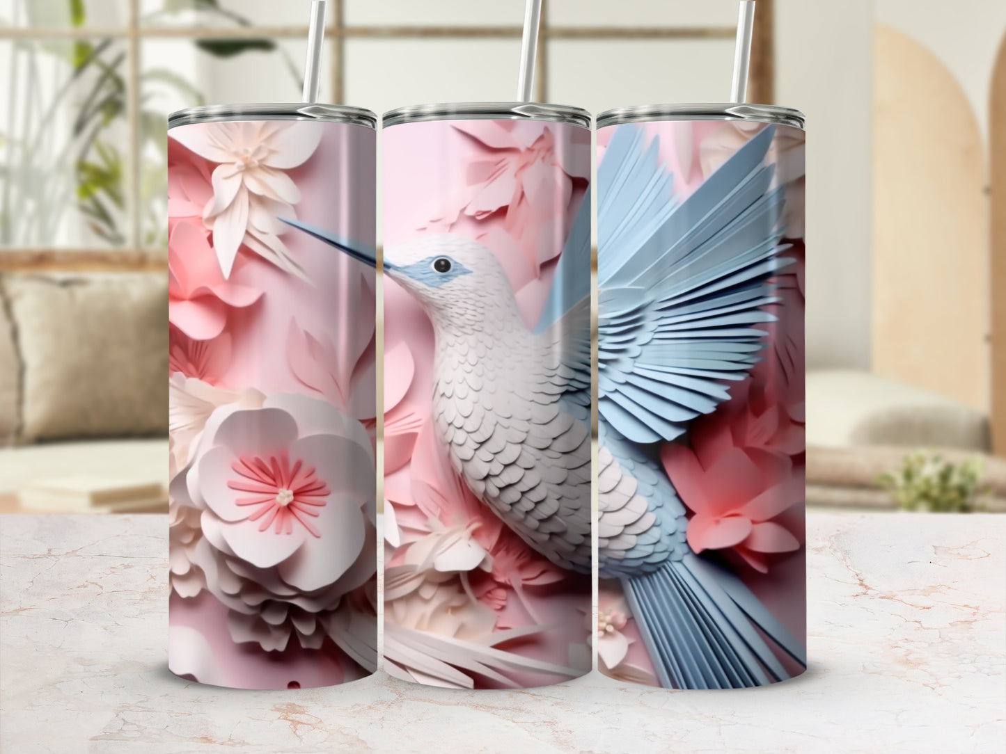 Pink floral tumbler with a light blue hummingbird.