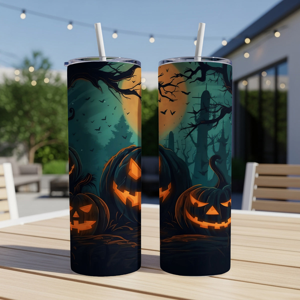 Two tumblers with a Halloween spooky forest and jack-o'-lantern design.