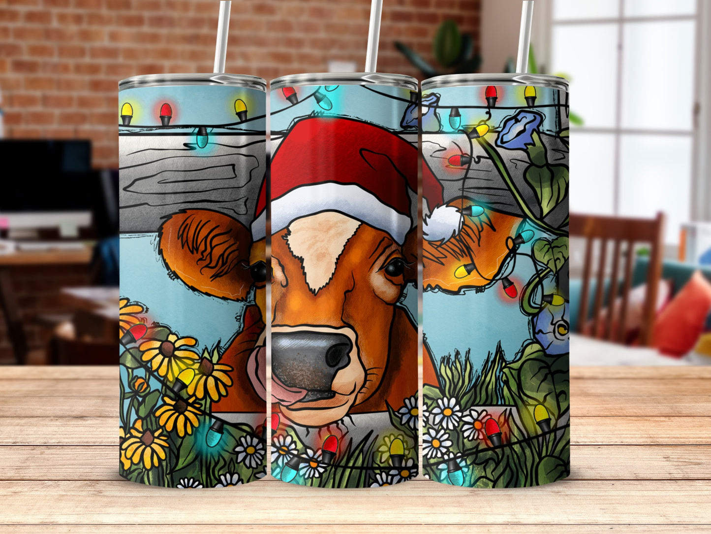 Cow wearing a Santa hat with Christmas lights and flowers.