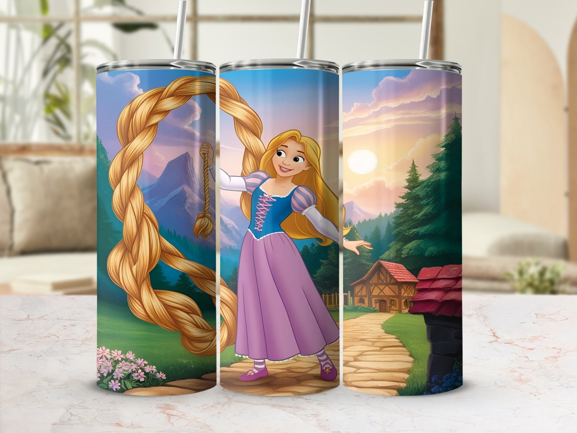 Rapunzel with long braid and castle in sunset background.