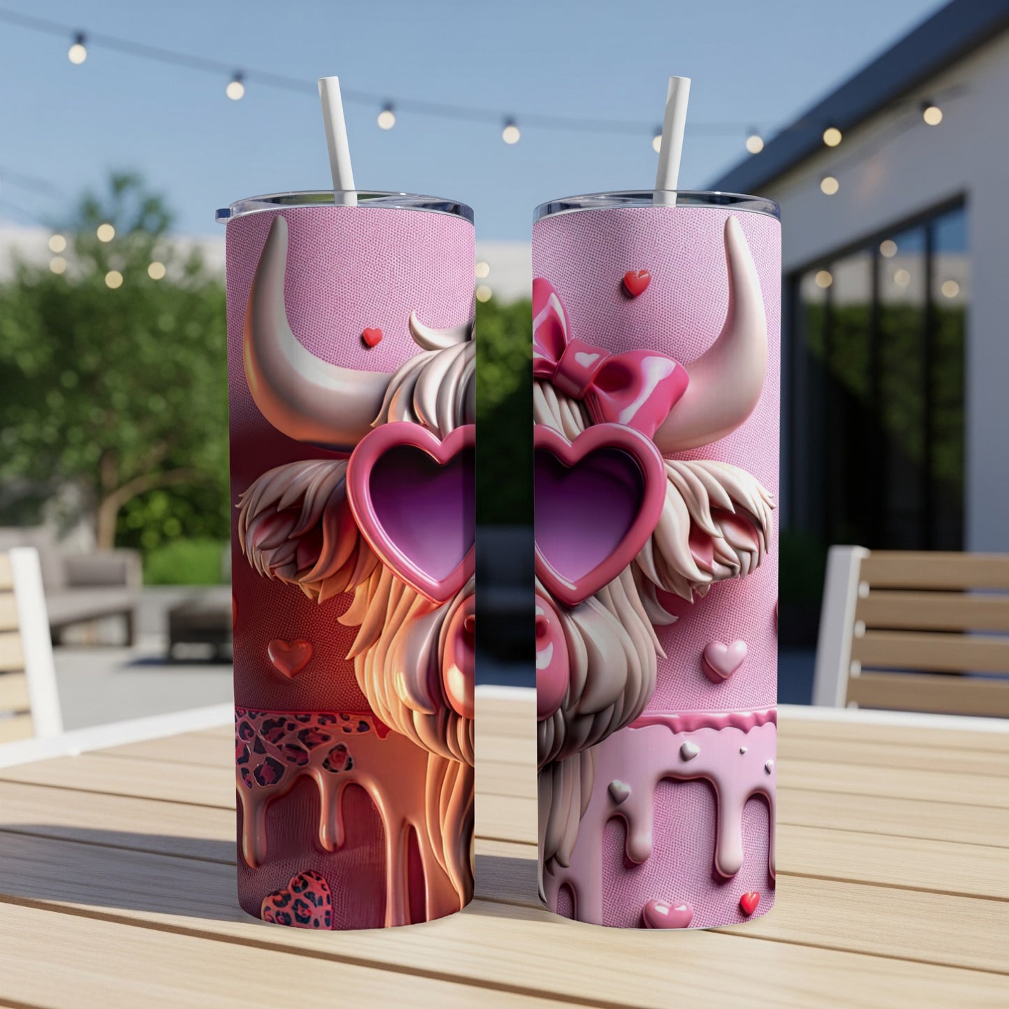 Pink Valentine's Day themed tumbler with Highland cow design and heart sunglasses.