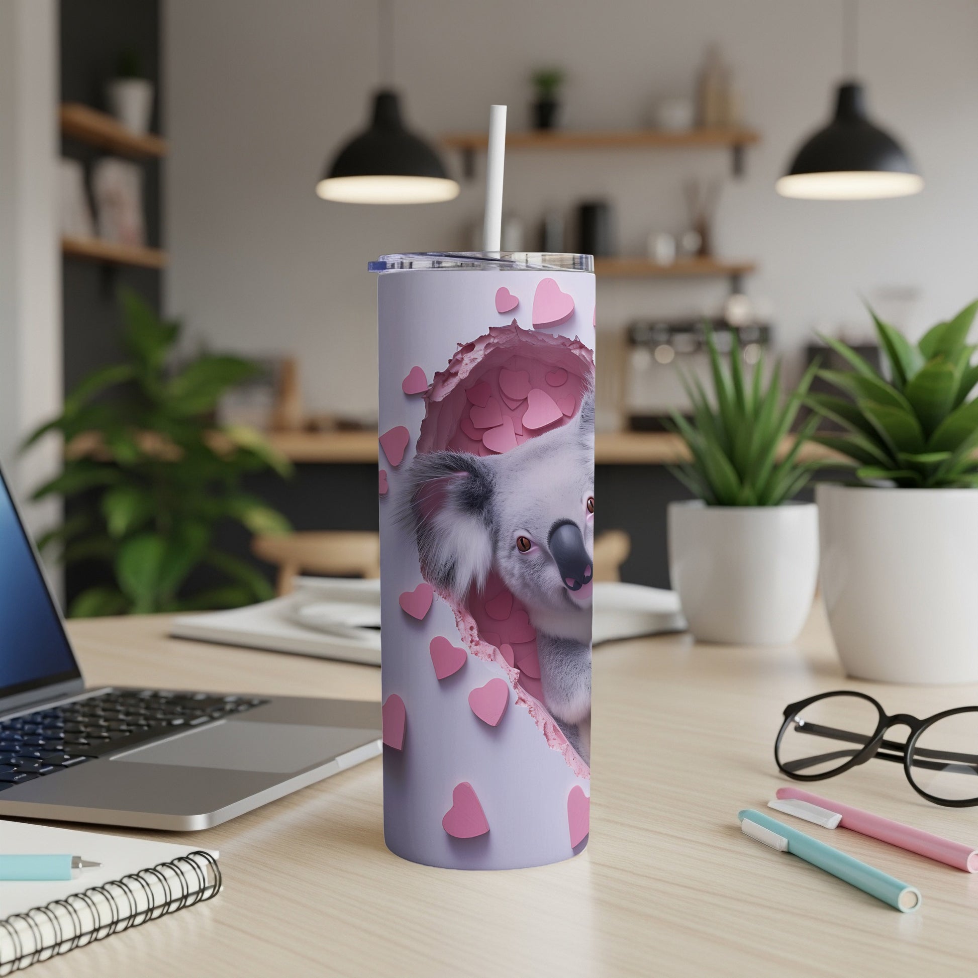 Lavender tumbler with pink heart cutout revealing a koala's face.