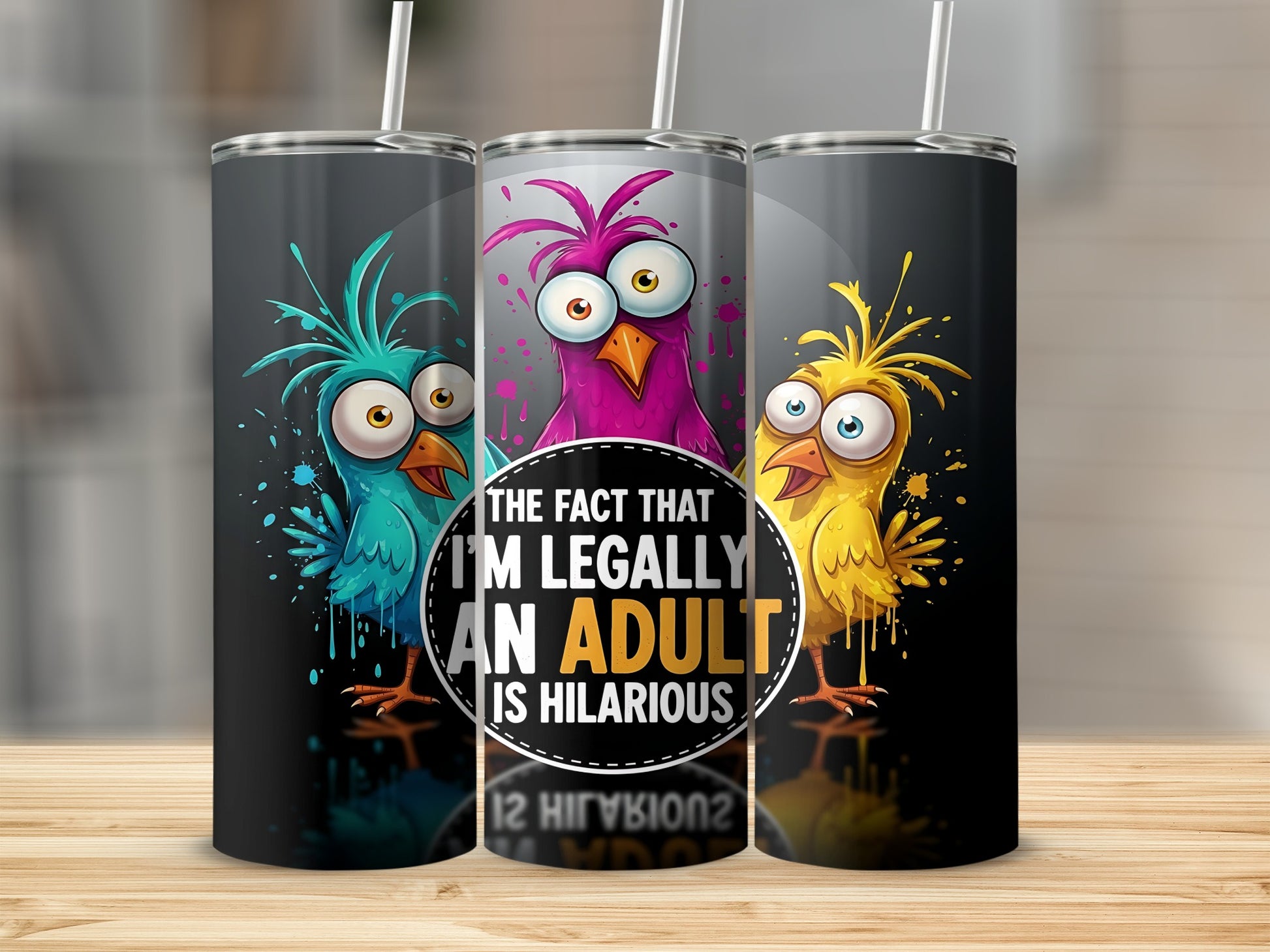 Three cartoon birds with large eyes and text reading "The fact that I'm legally an adult is hilarious".
