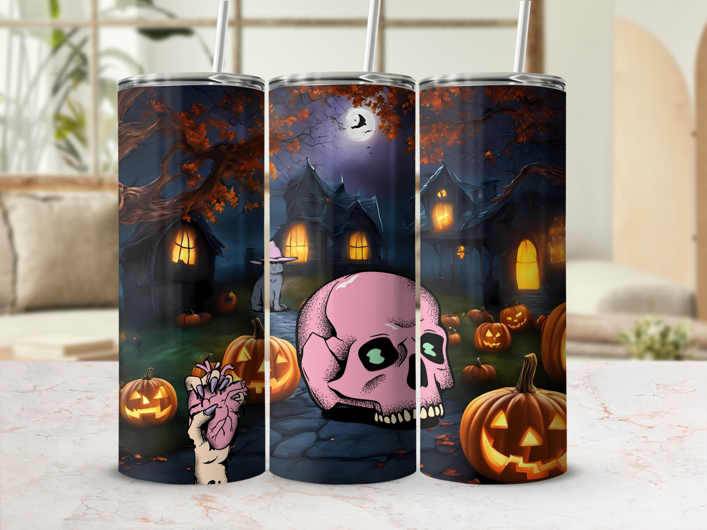 Spooky Halloween Scene with Pink Skull Design Product