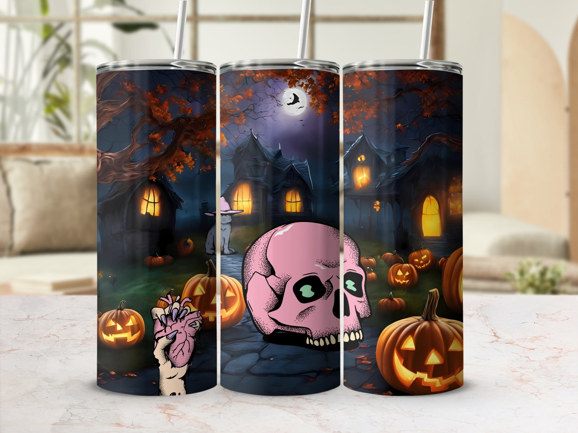 Spooky Halloween Scene with Pink Skull Design Product