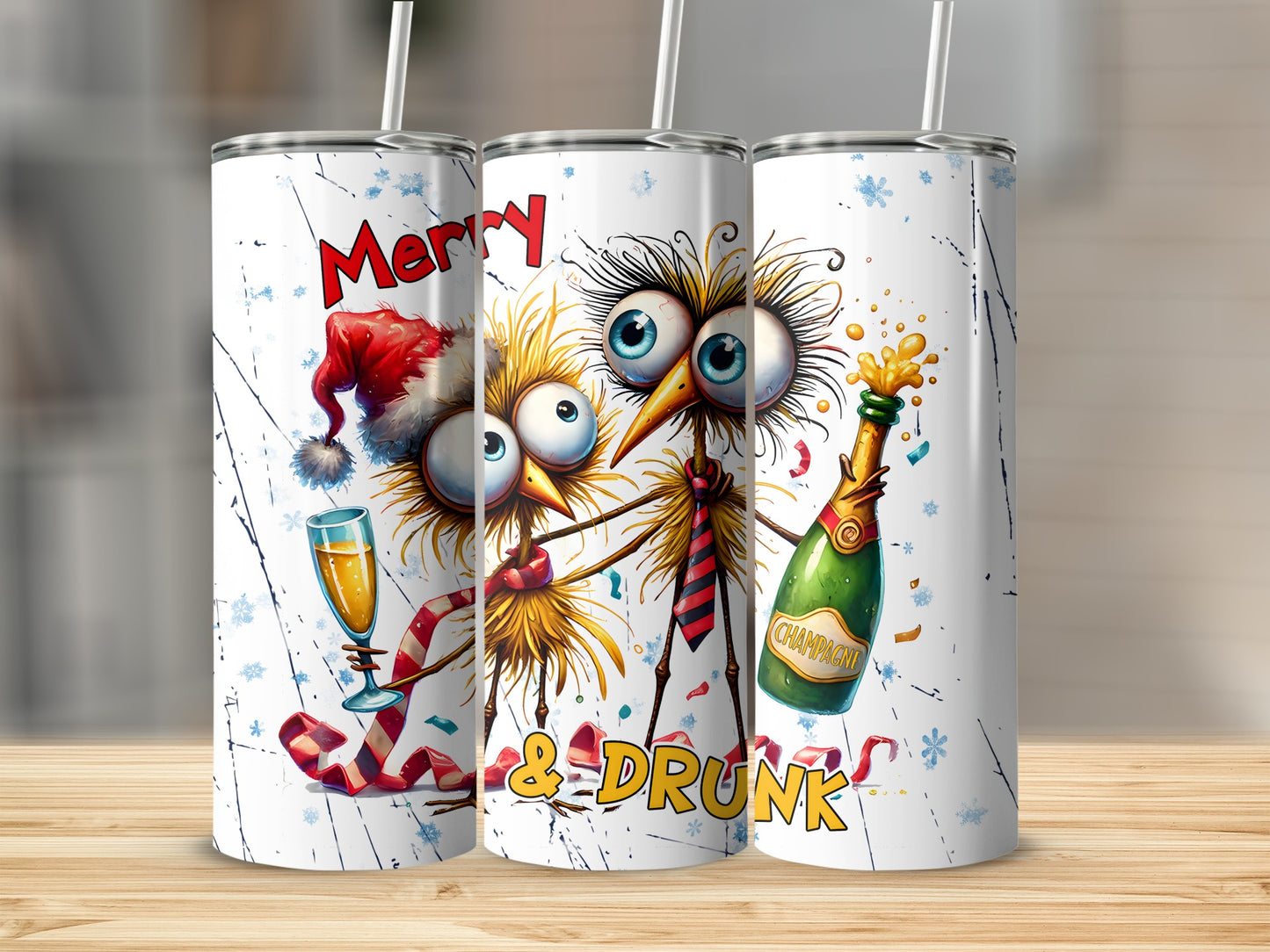 Festive cartoon birds in Santa hats with champagne celebrating Merry & Drunk.