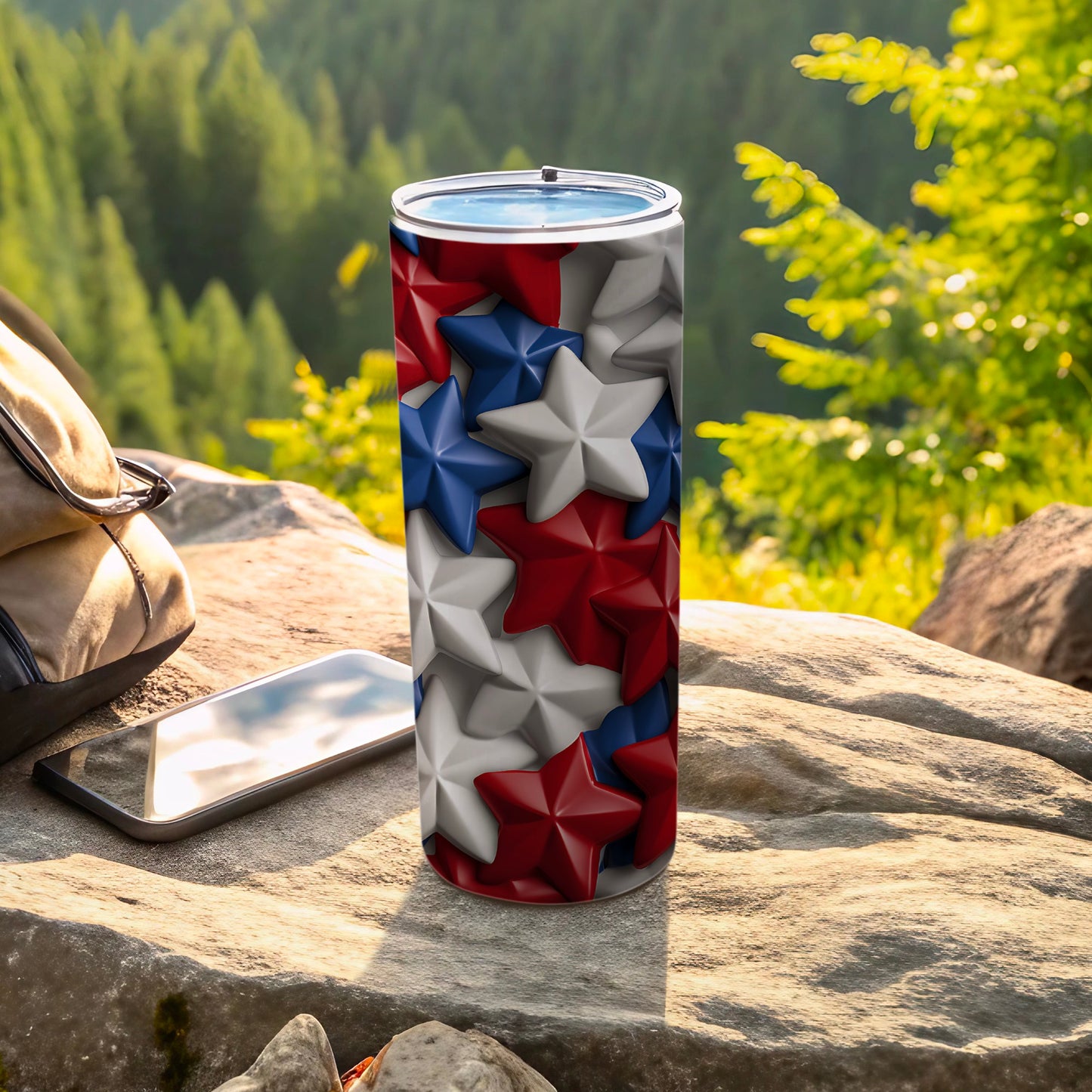 Tumbler with red, white, and blue stars pattern.