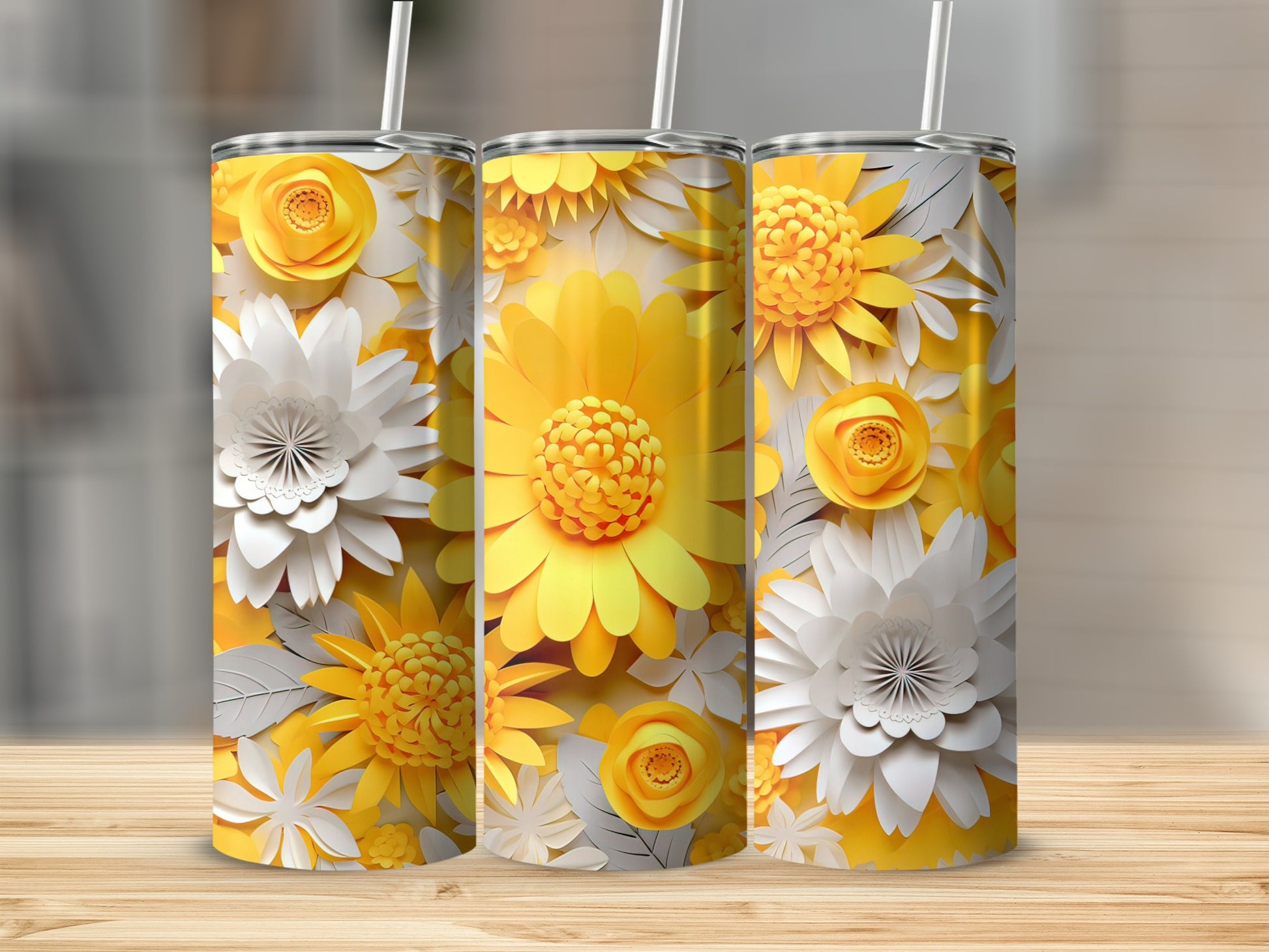 Vibrant Yellow and White Floral Design Tumbler