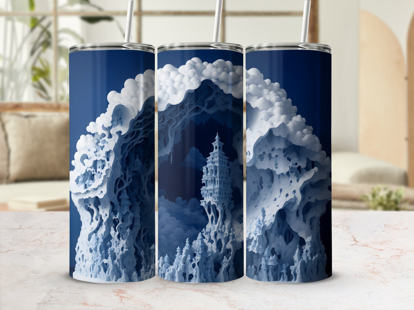 Three tumblers featuring a surreal, cloud-like landscape with pagodas.