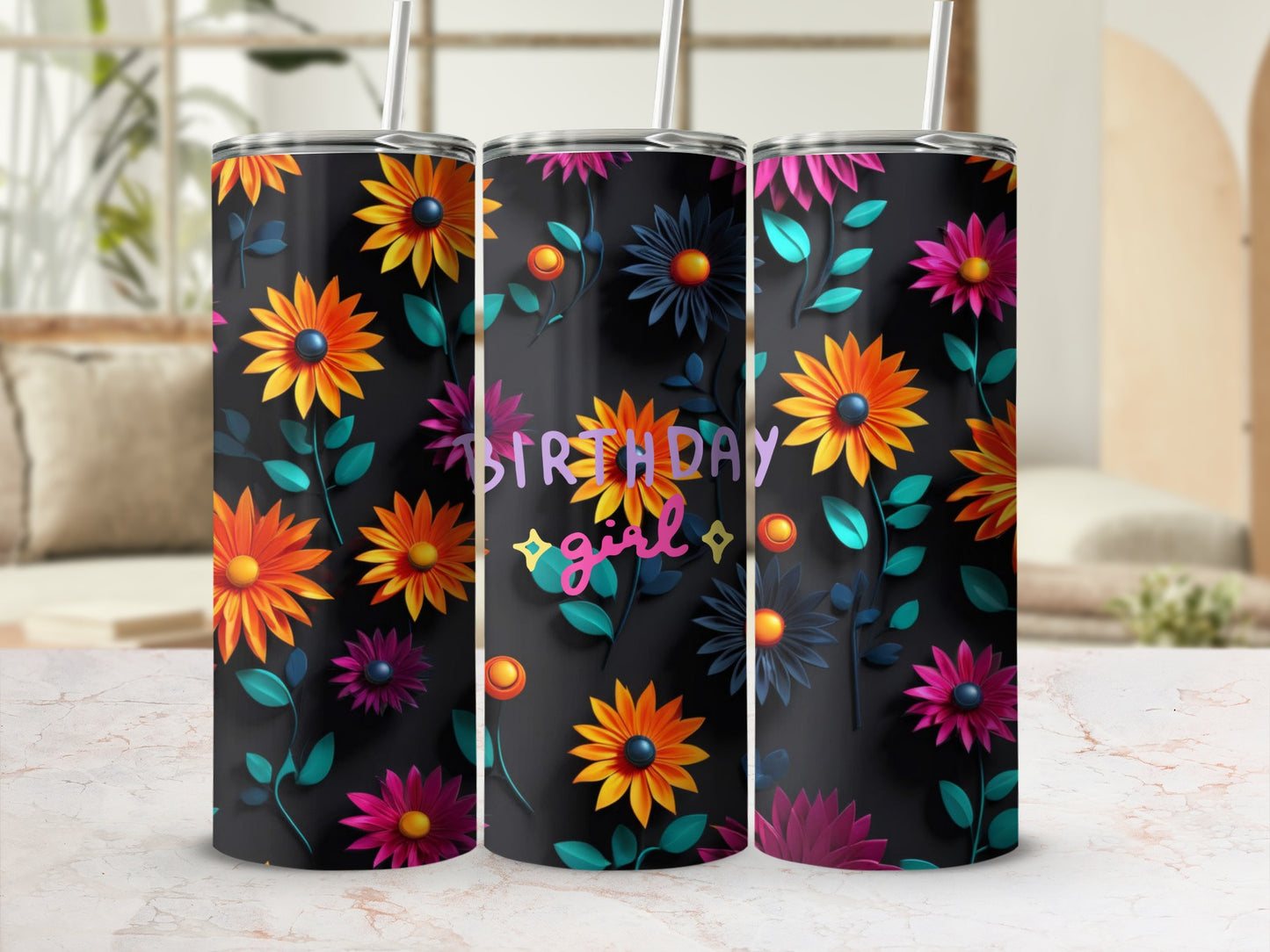 Black tumbler with colorful floral pattern and "Birthday Girl" text.