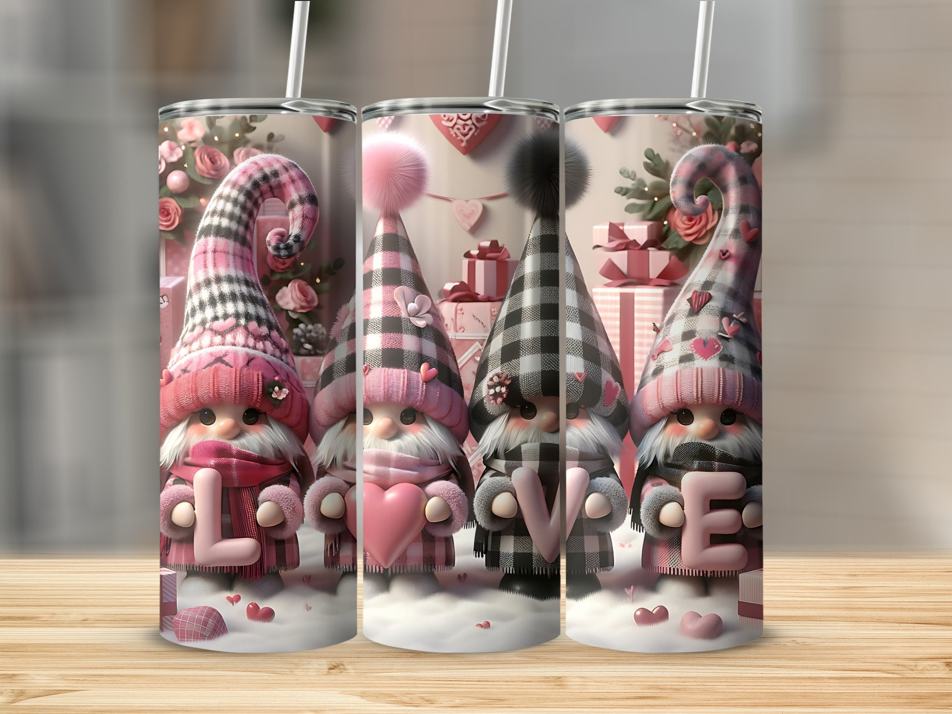 Four Valentine's Day gnomes with pink hearts and "LOVE" text.