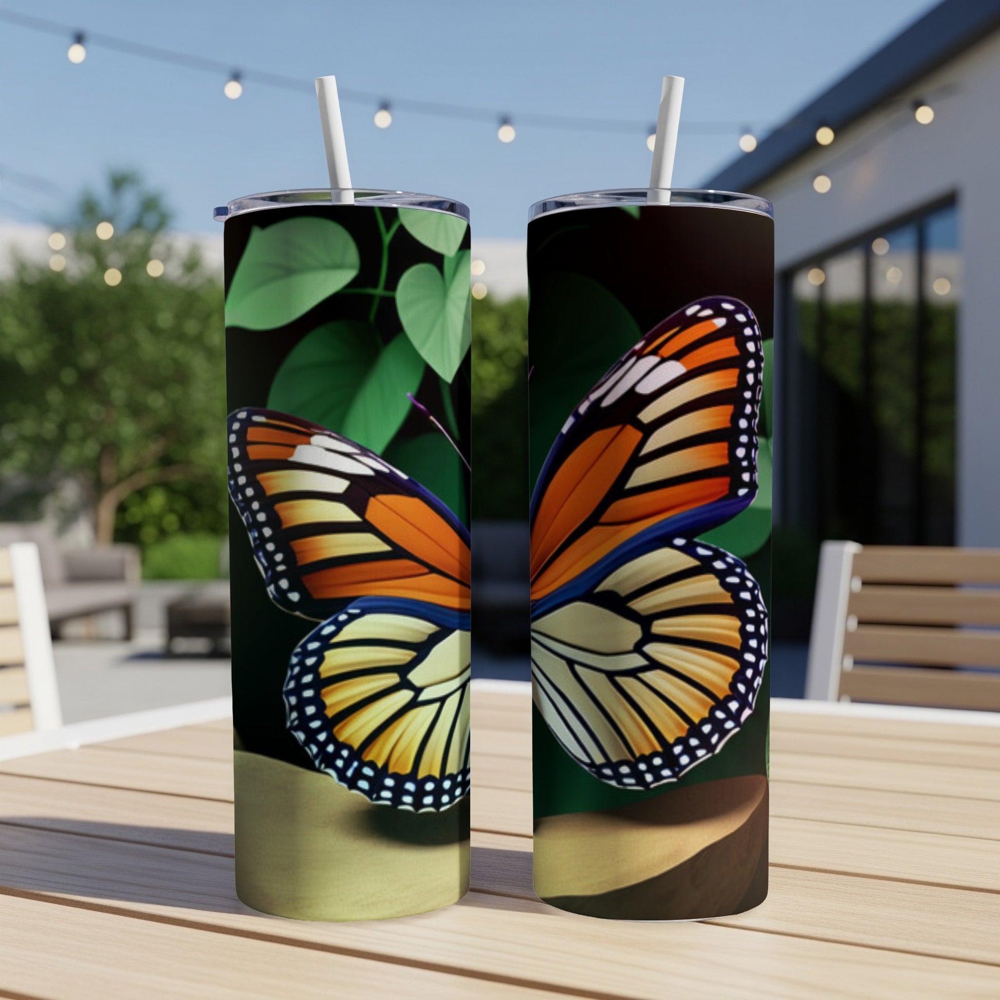 Two tumblers with monarch butterfly design on a table outdoors.