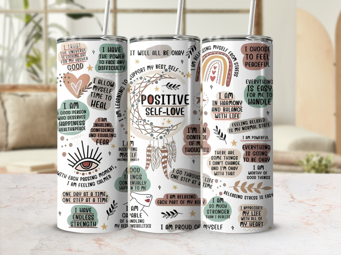 Circular design with positive affirmations about self-love and peace.