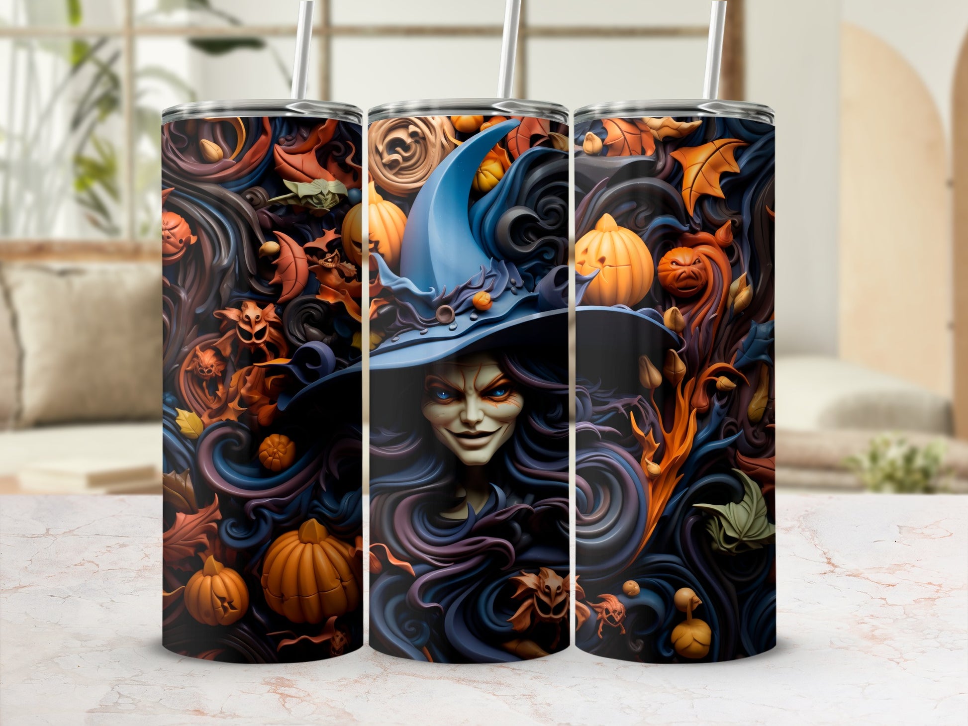 Triptych of tumblers featuring a witch face and Halloween motifs.