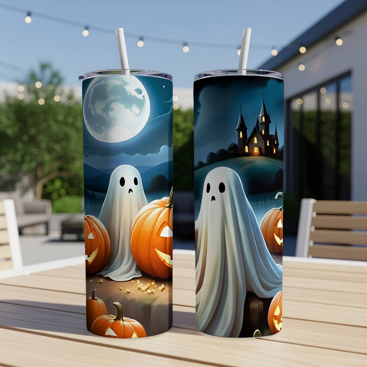 Two tumblers featuring Halloween designs with ghosts and pumpkins under a moonlit sky.