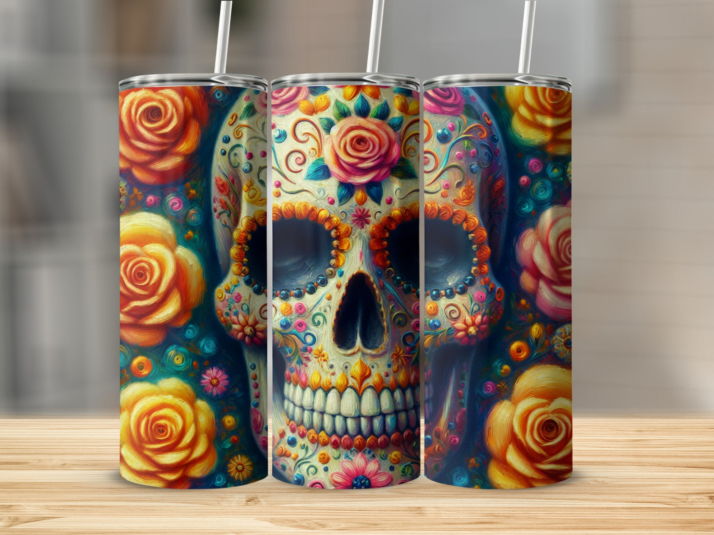 Floral skull tumbler with straw, detailed colorful design against a blurred background.