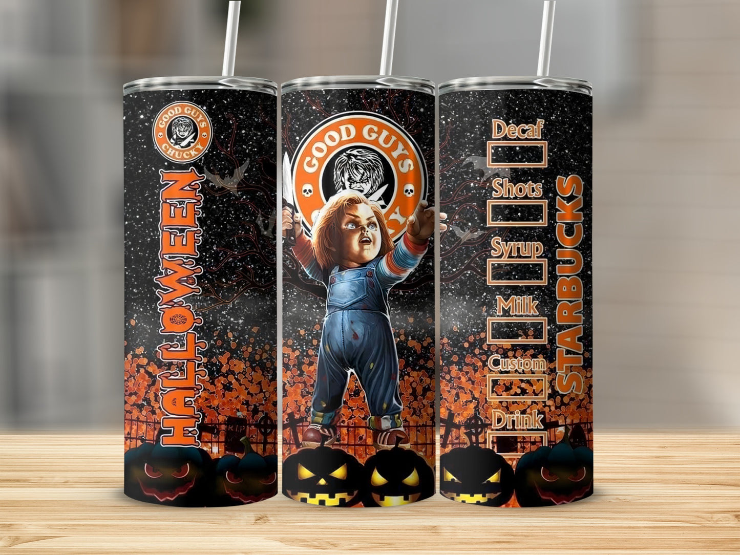 Chucky tumbler with Starbucks menu text and Halloween pumpkins.