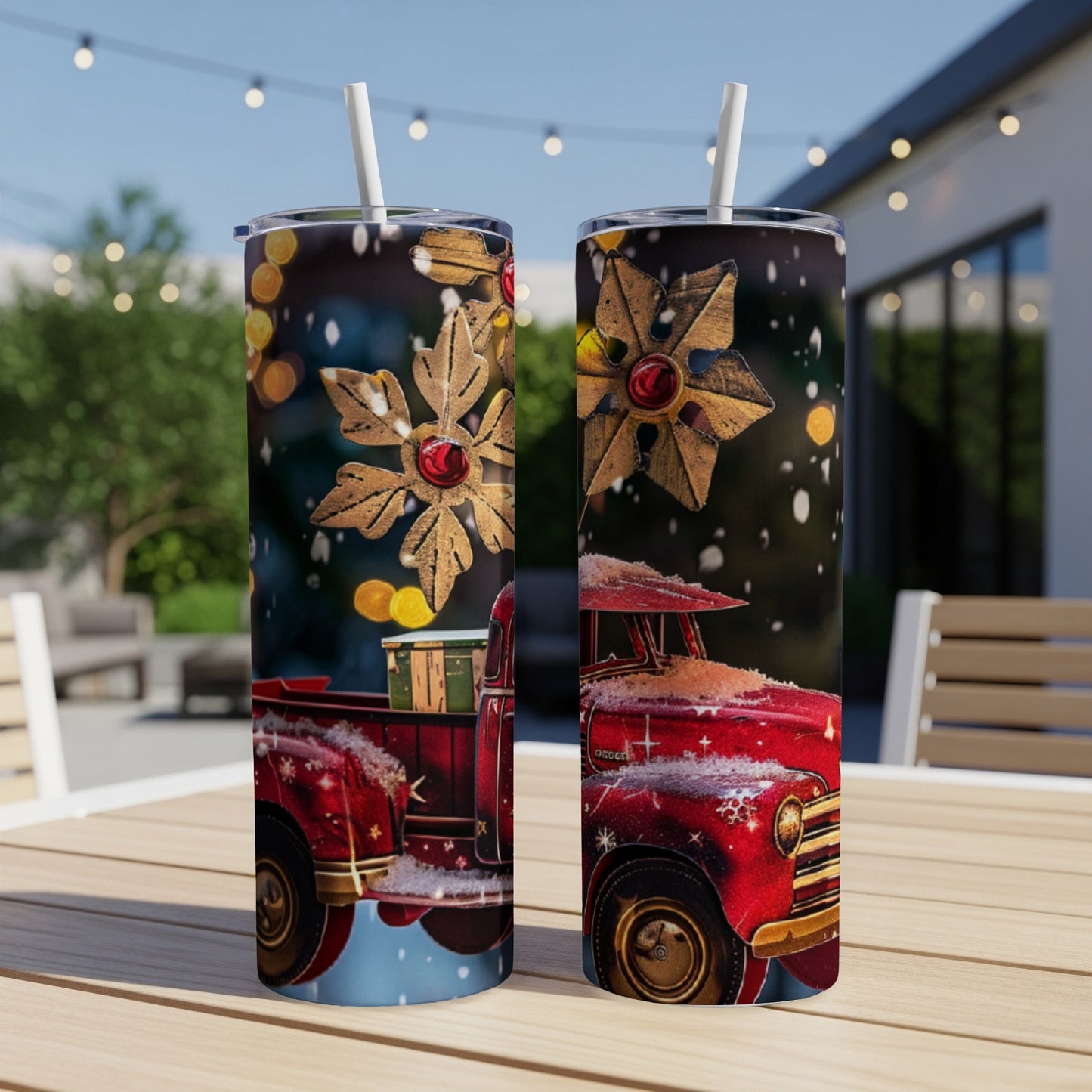 Red vintage truck with Christmas ornaments and snowflakes on a snowy background.