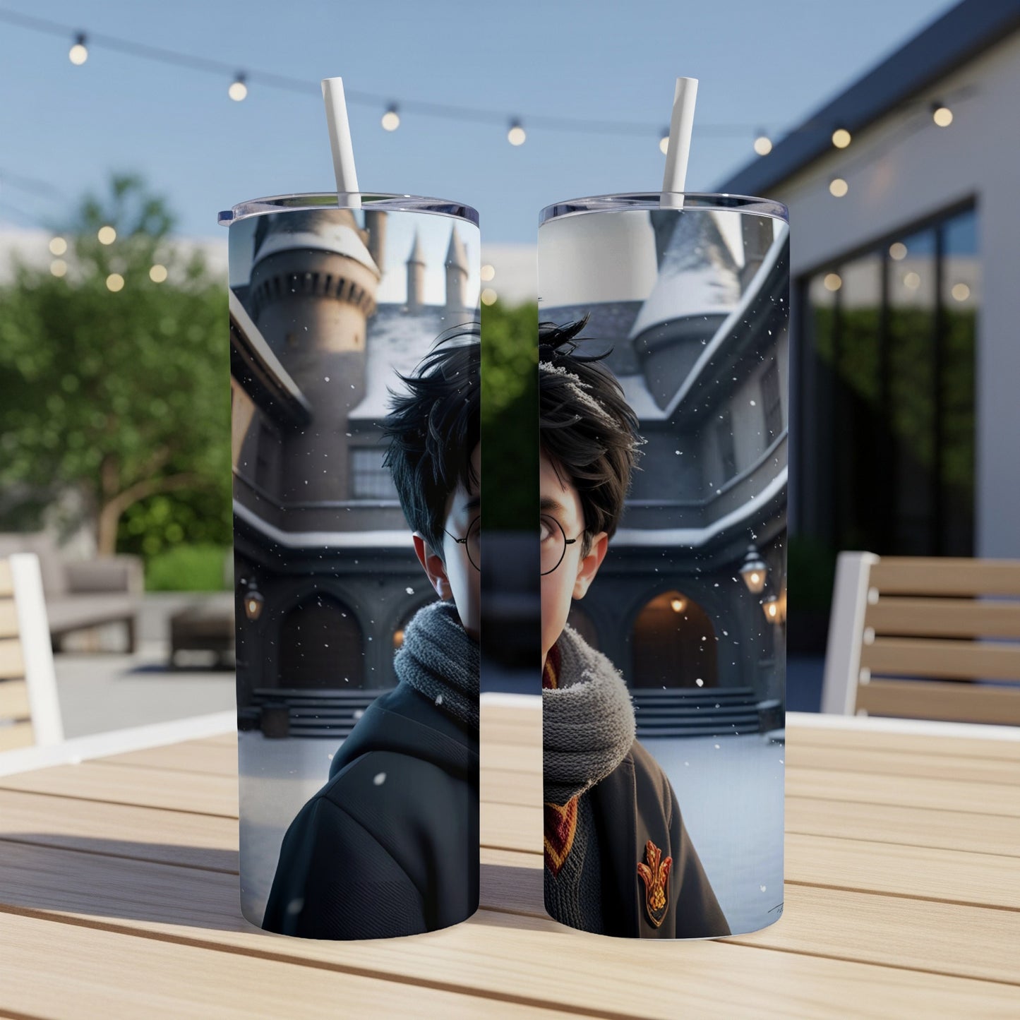 Harry Potter character illustration on two identical tumblers outdoors.