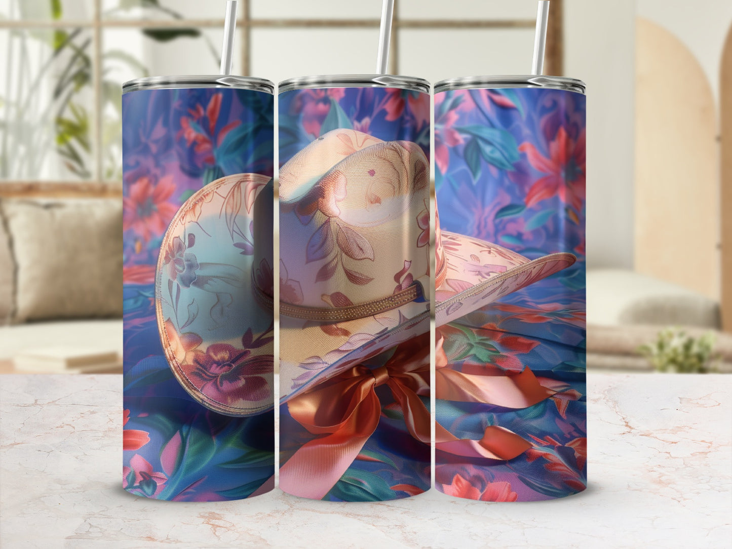 Floral cowboy hat on a tumbler with matching fabric background.