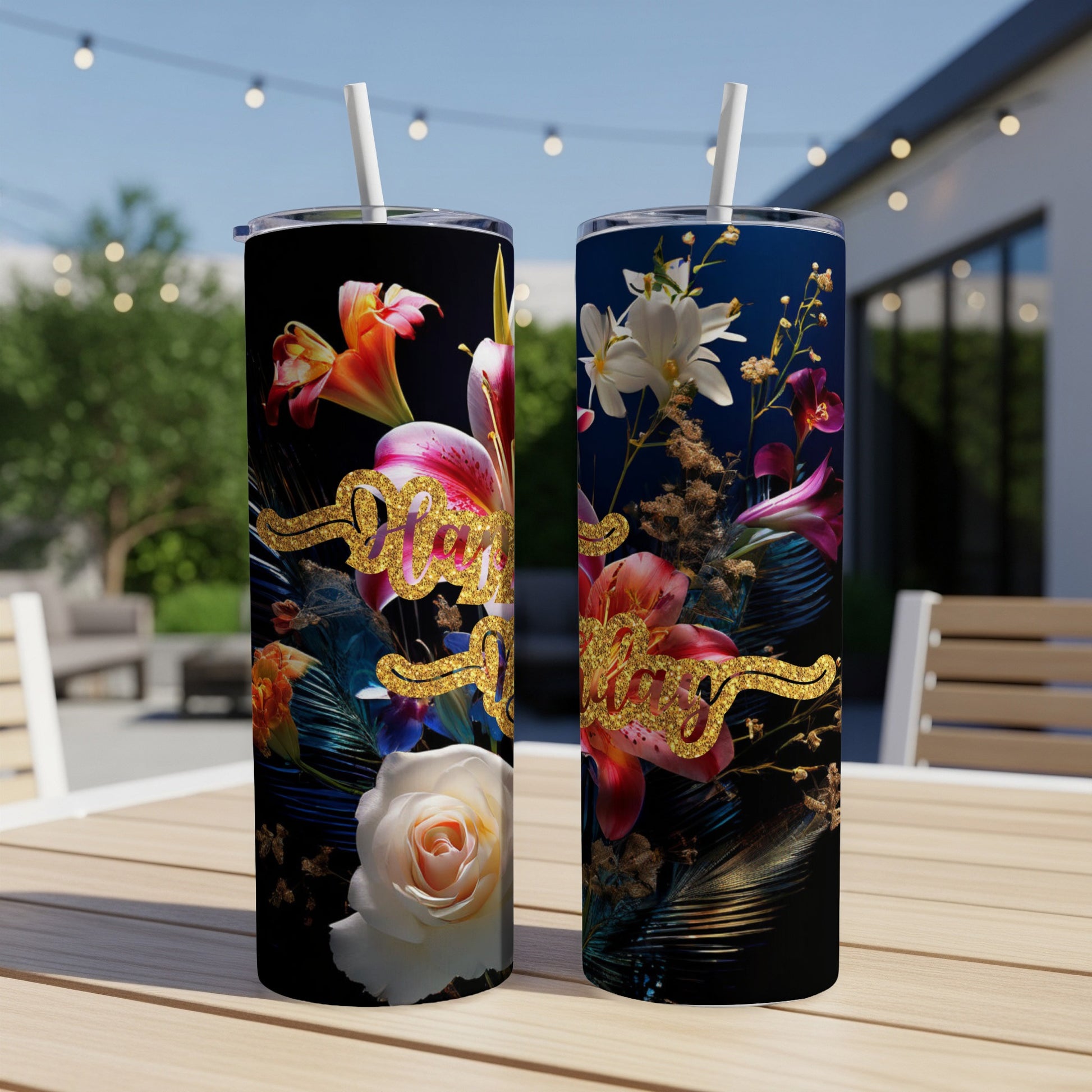 Two floral tumblers with "Mama" in glitter on a wooden table.