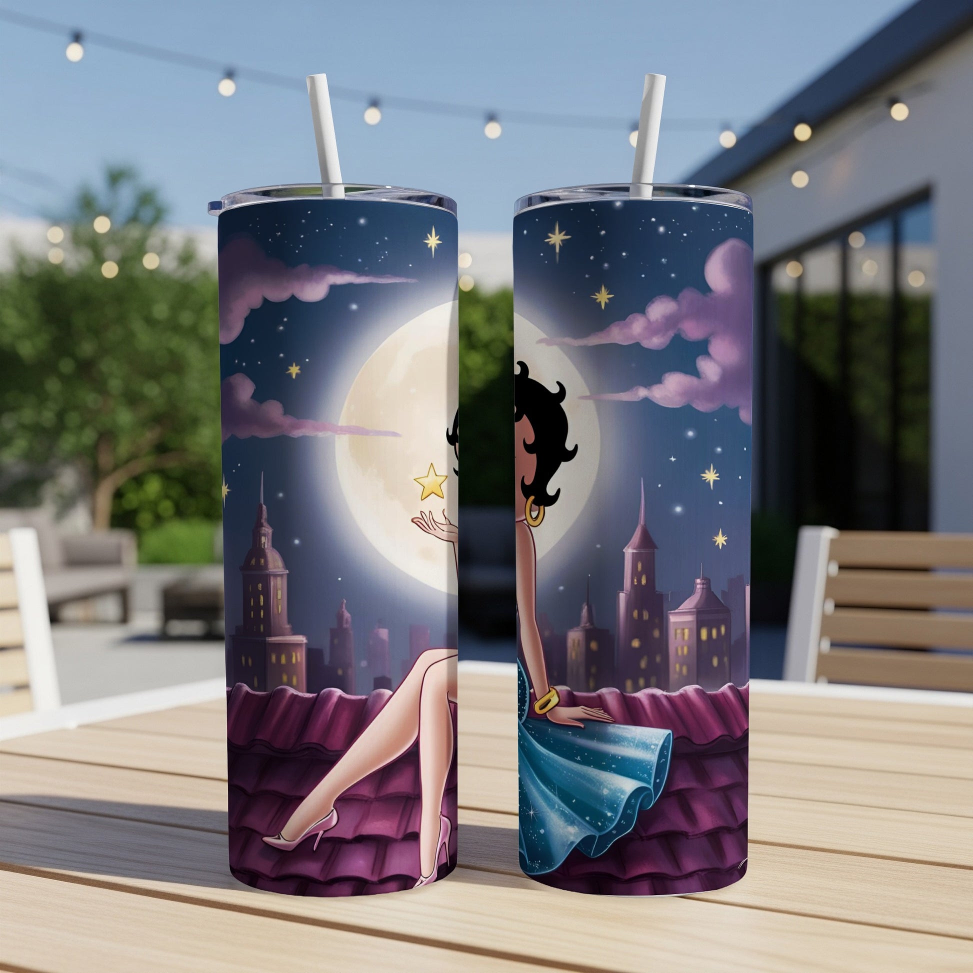 Betty Boop sitting on a rooftop under a starry night sky.