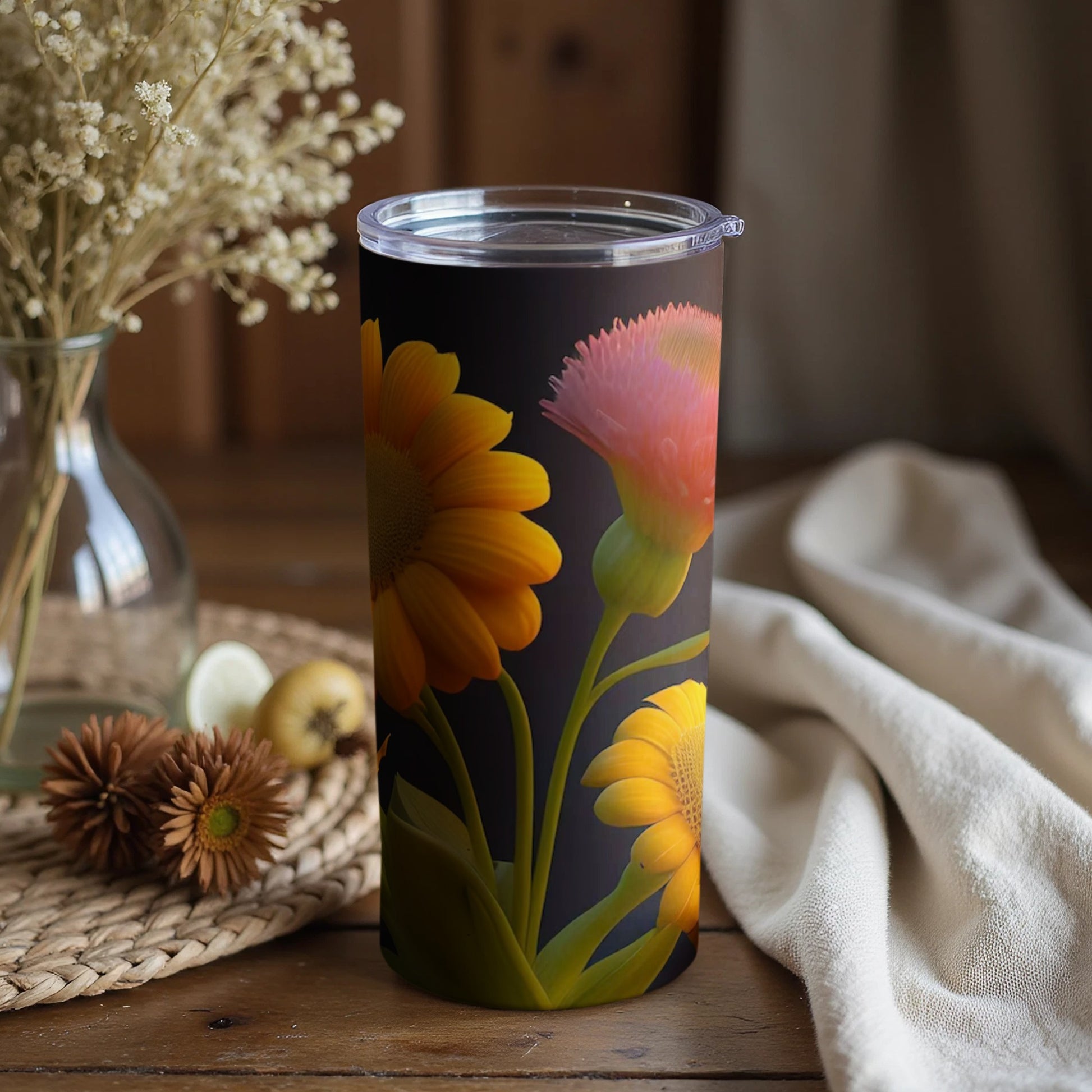 Floral Design Insulated Tumbler with Yellow and Pink Flowers