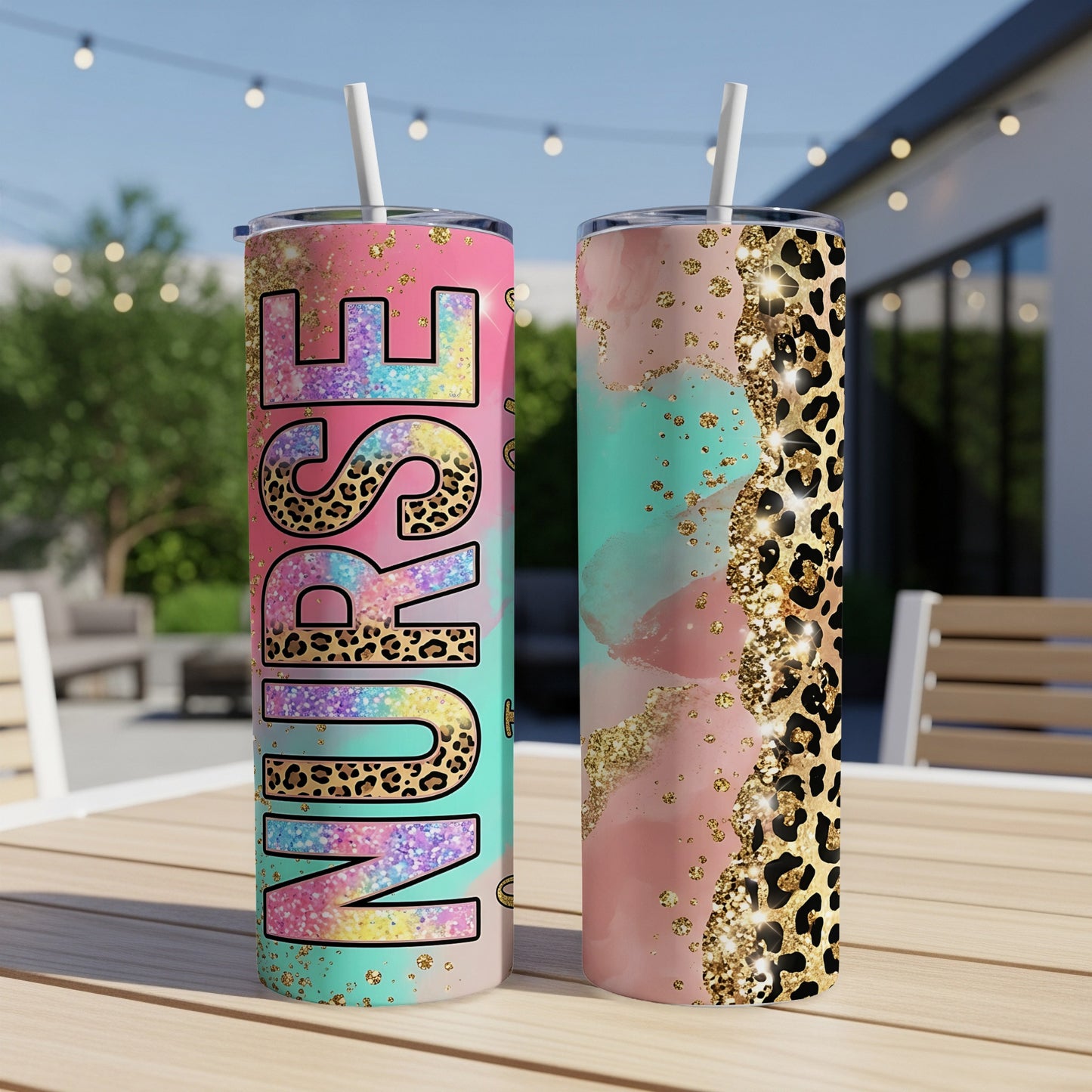 Two tumblers with colorful watercolor and leopard print designs and the word "NURSE."