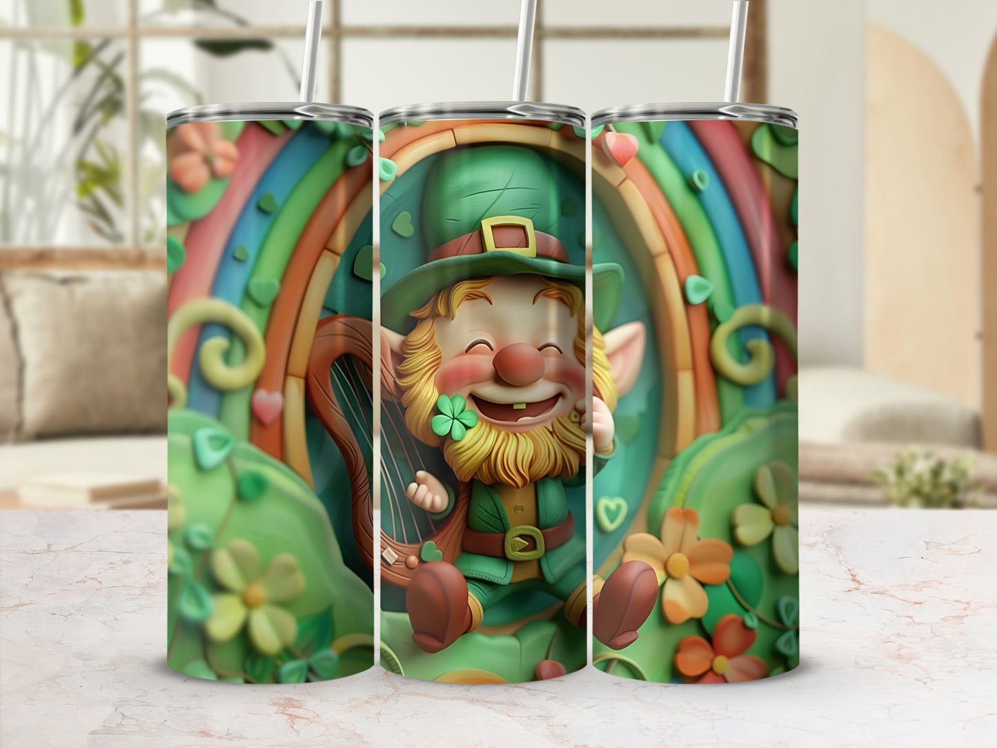 Leprechaun playing harp in rainbow arch with clover decorations.