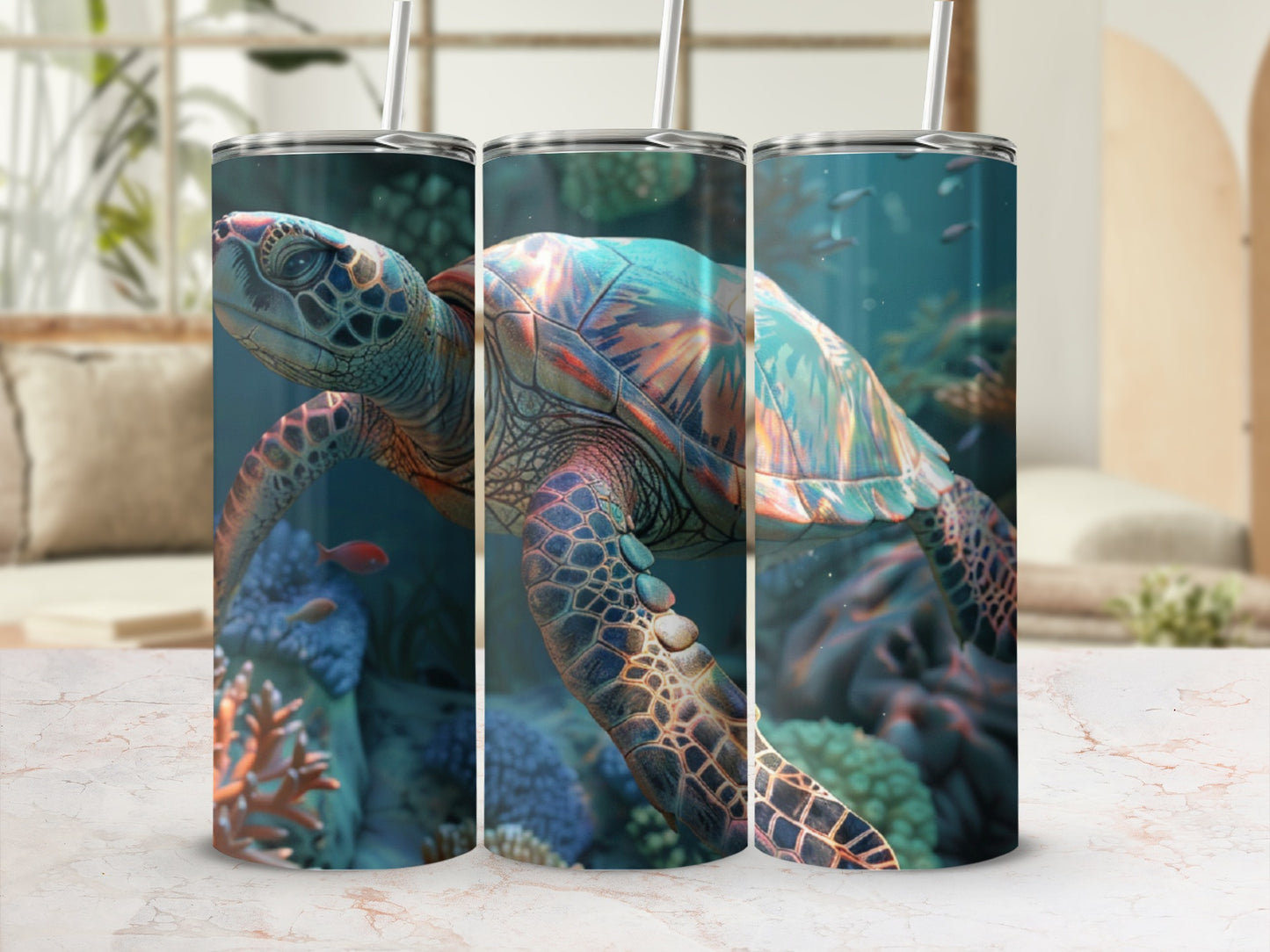 Sea turtle swimming underwater with coral, digitally rendered.