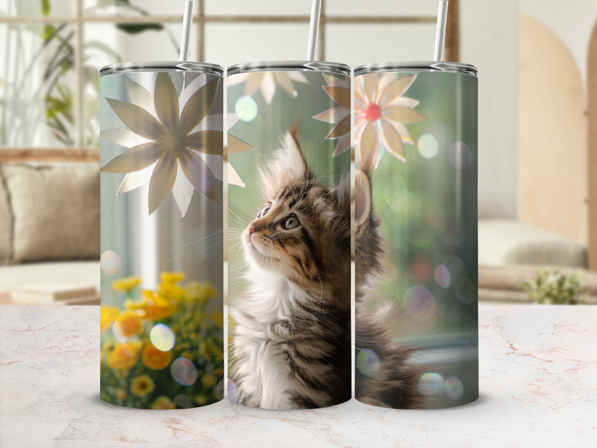 Three tumblers featuring a kitten looking up, surrounded by floral graphics.
