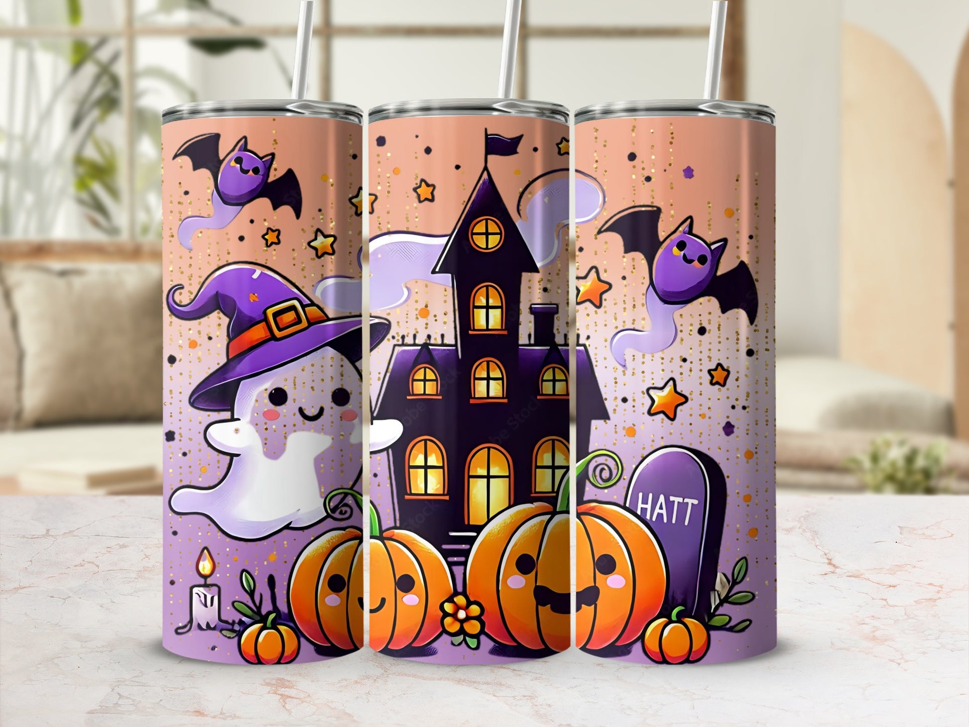 Cute Halloween Ghost and Pumpkin Tumbler Cup