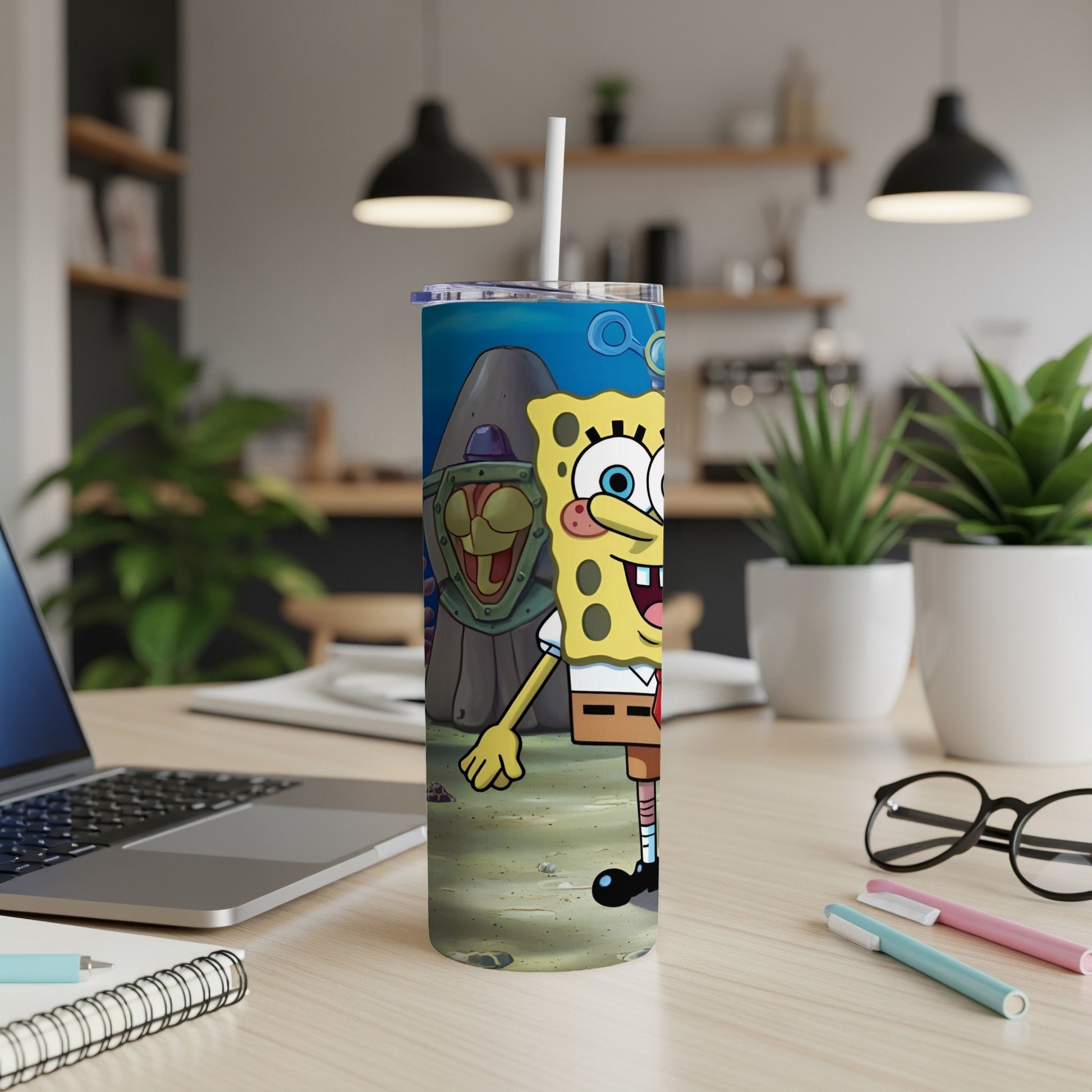 SpongeBob SquarePants cartoon character standing in a sandy underwater environment.