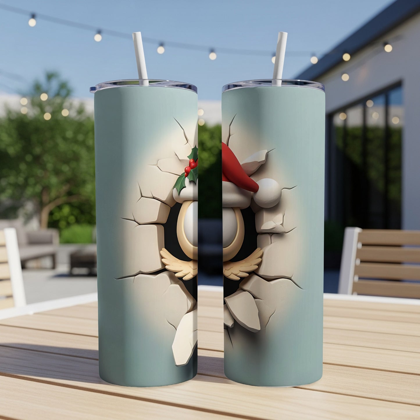 Santa hat owl peeking through cracked teal surface on tumbler.