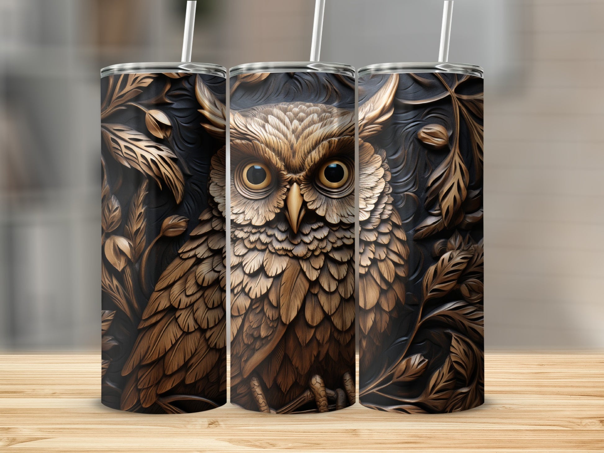 Triptych of a detailed owl illustration with ornate foliage.