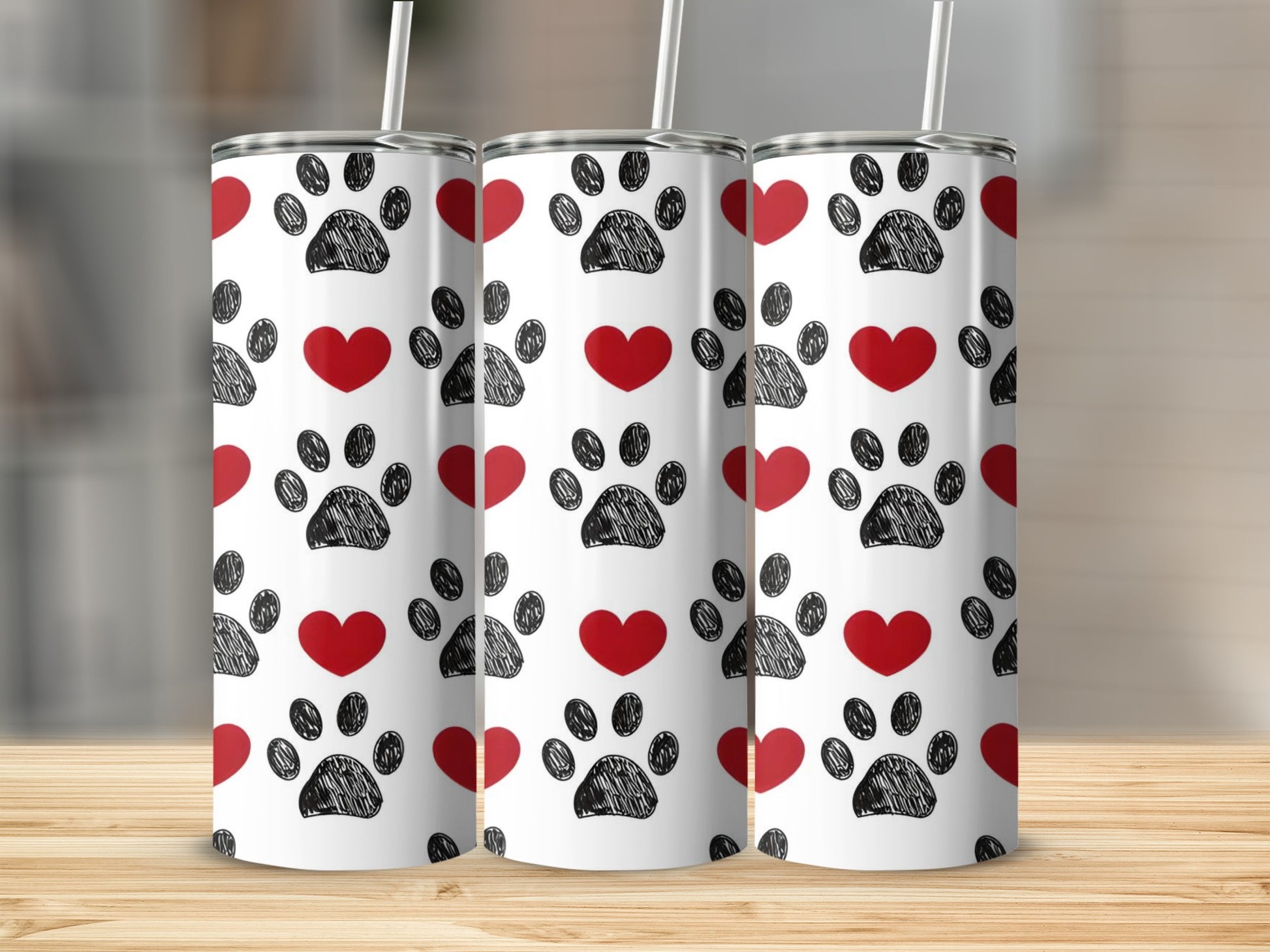 Cute Paw Print and Heart Pattern Tumbler Mug