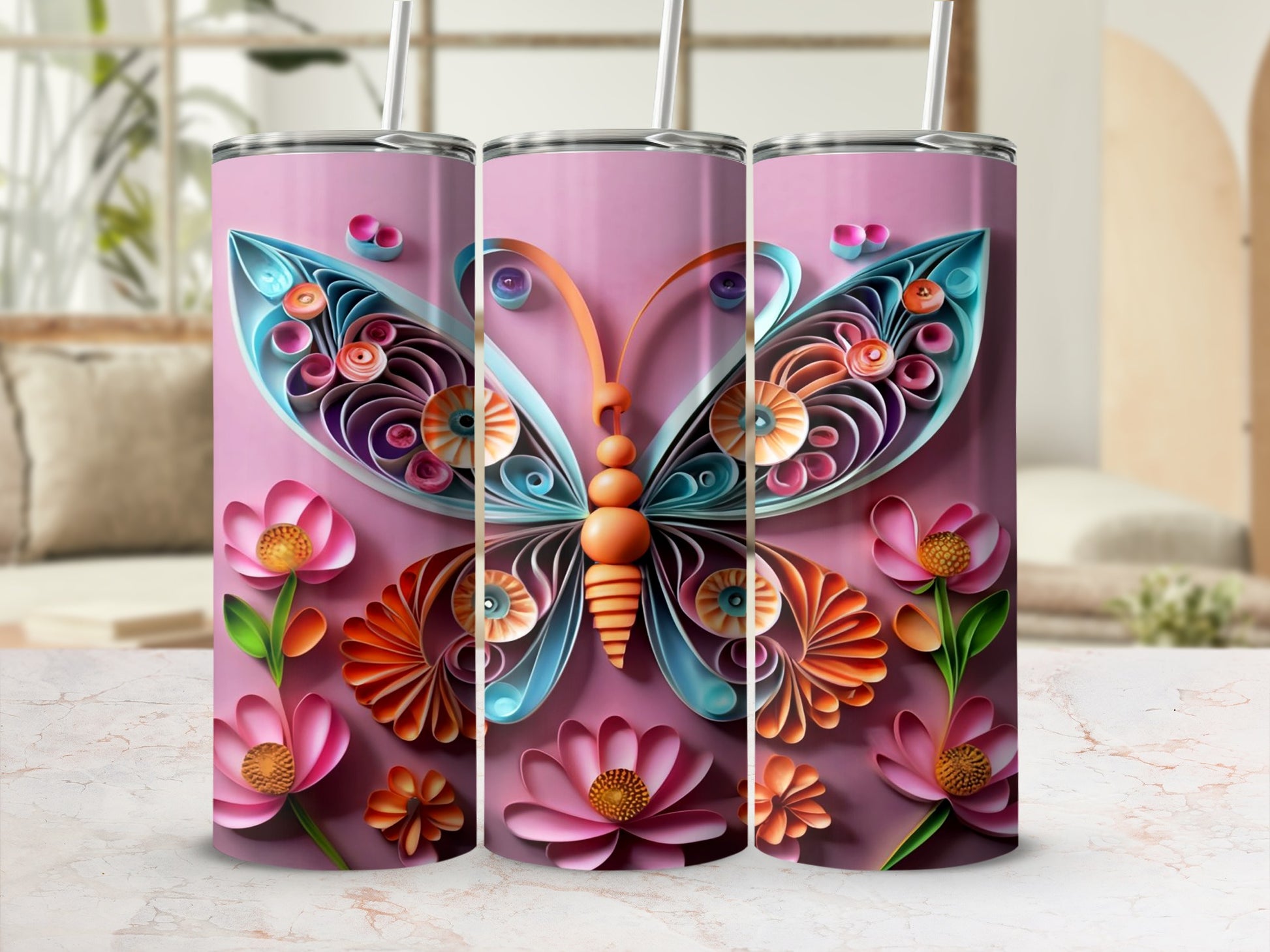Vibrant Butterfly and Flowers Art Tumbler Design