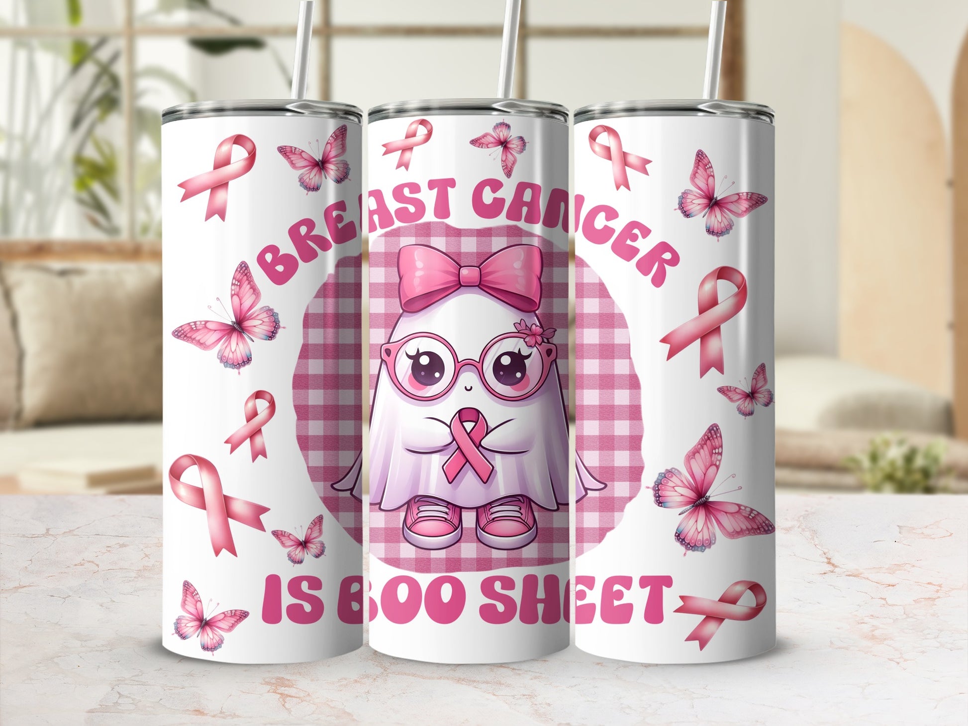 Pink ghost in glasses with "Breast Cancer is Boo Sheet" text on a tumbler.