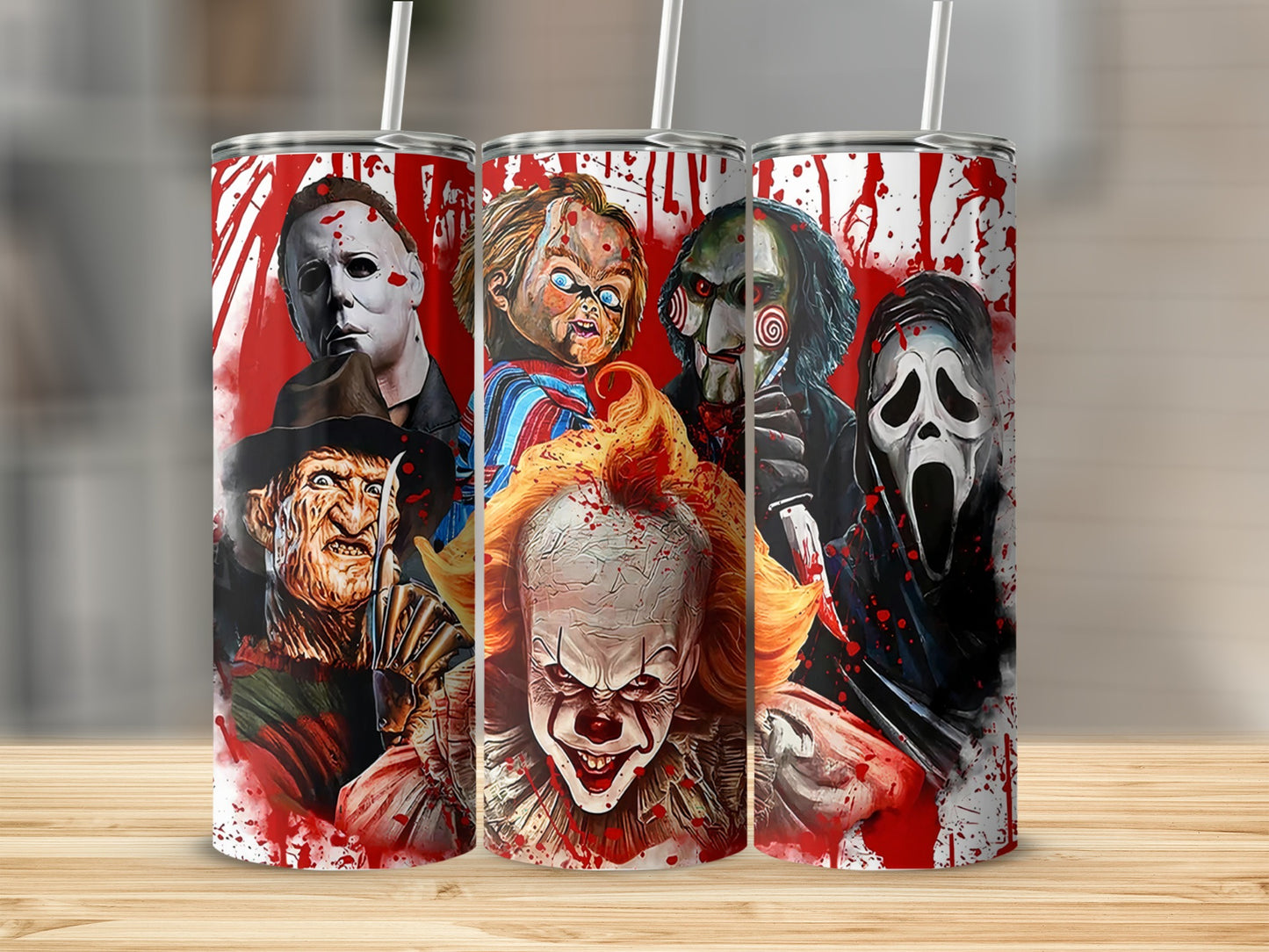 Horror movie characters on three tumblers with red splatter background.