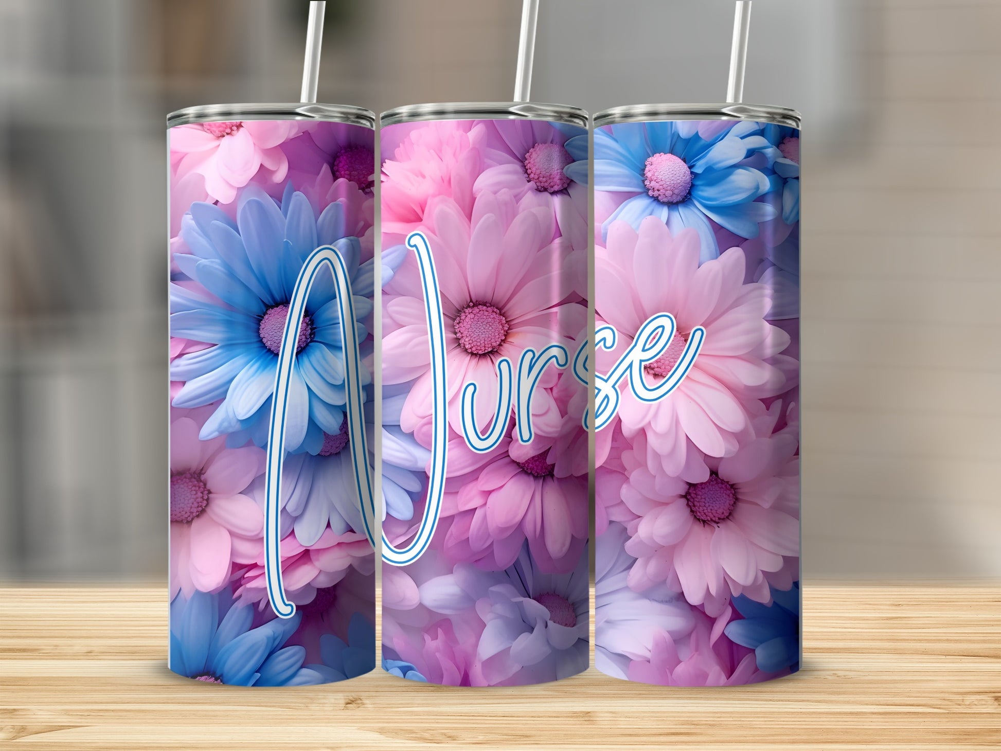 Tumbler with pink and blue flowers and "Nurse" text.