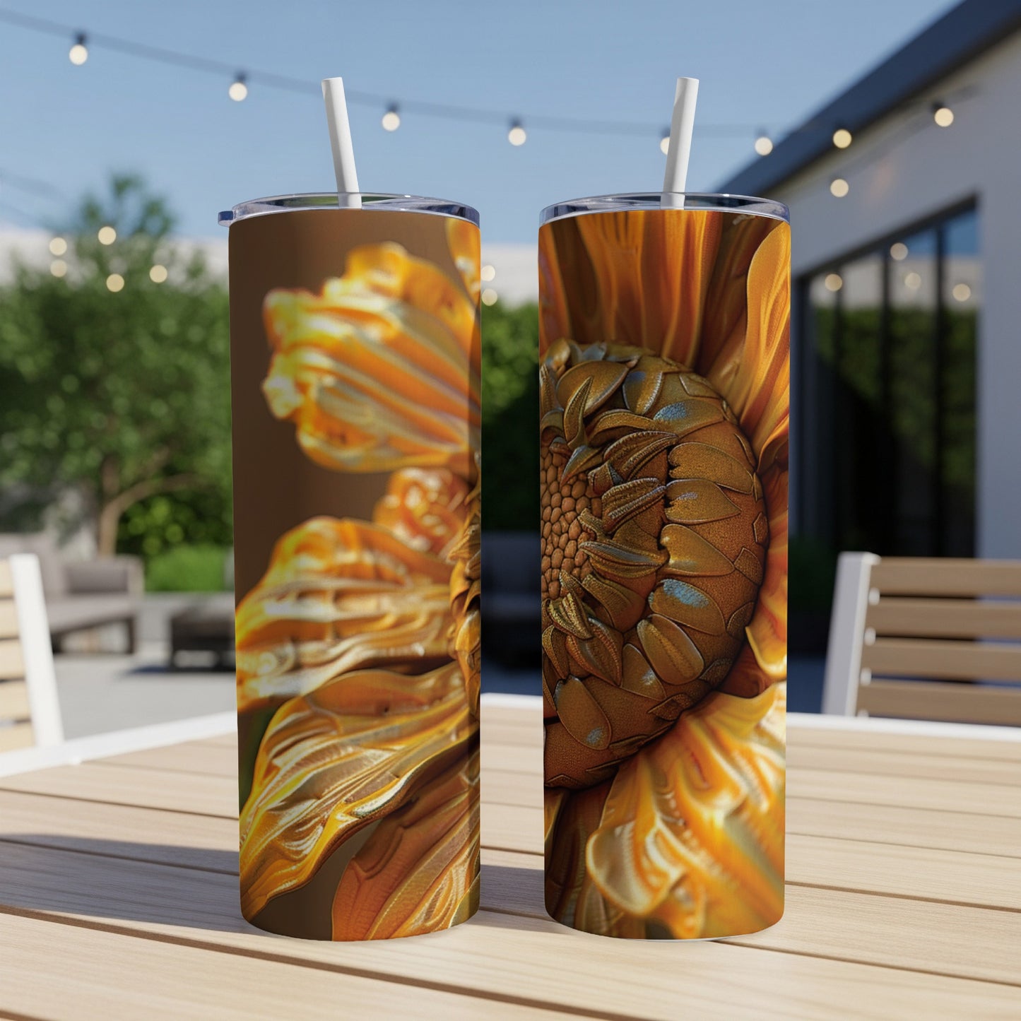 Two tumblers with a close-up sunflower design sit on a table.