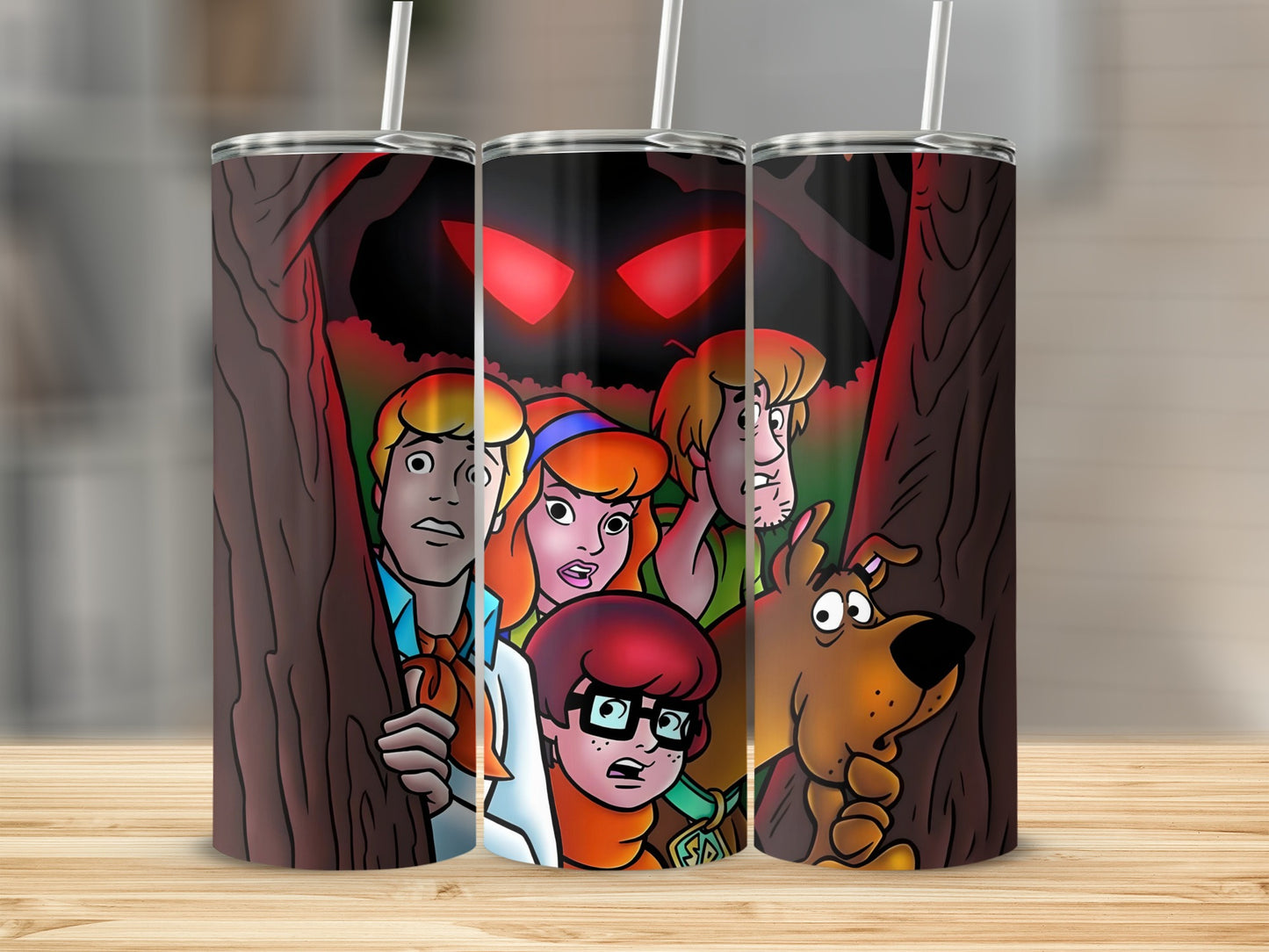 Scooby-Doo characters peeking from behind trees with red glowing eyes in background.