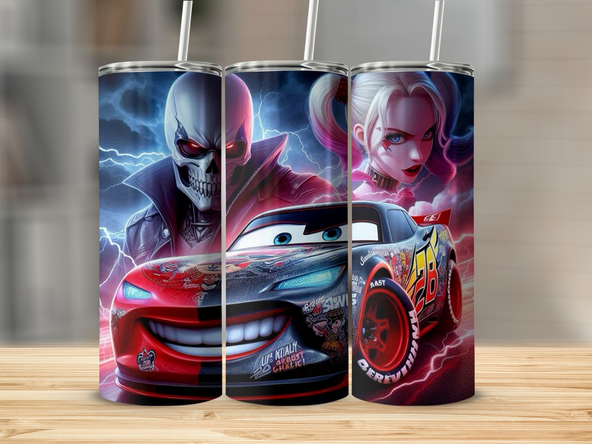 Skull Lightning and Race Car Design Tumbler Set