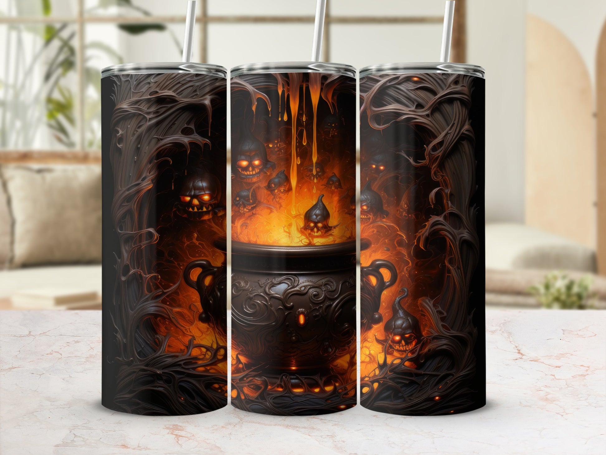 Tumbler with a dark, swirling design featuring a cauldron and glowing skulls in flames.
