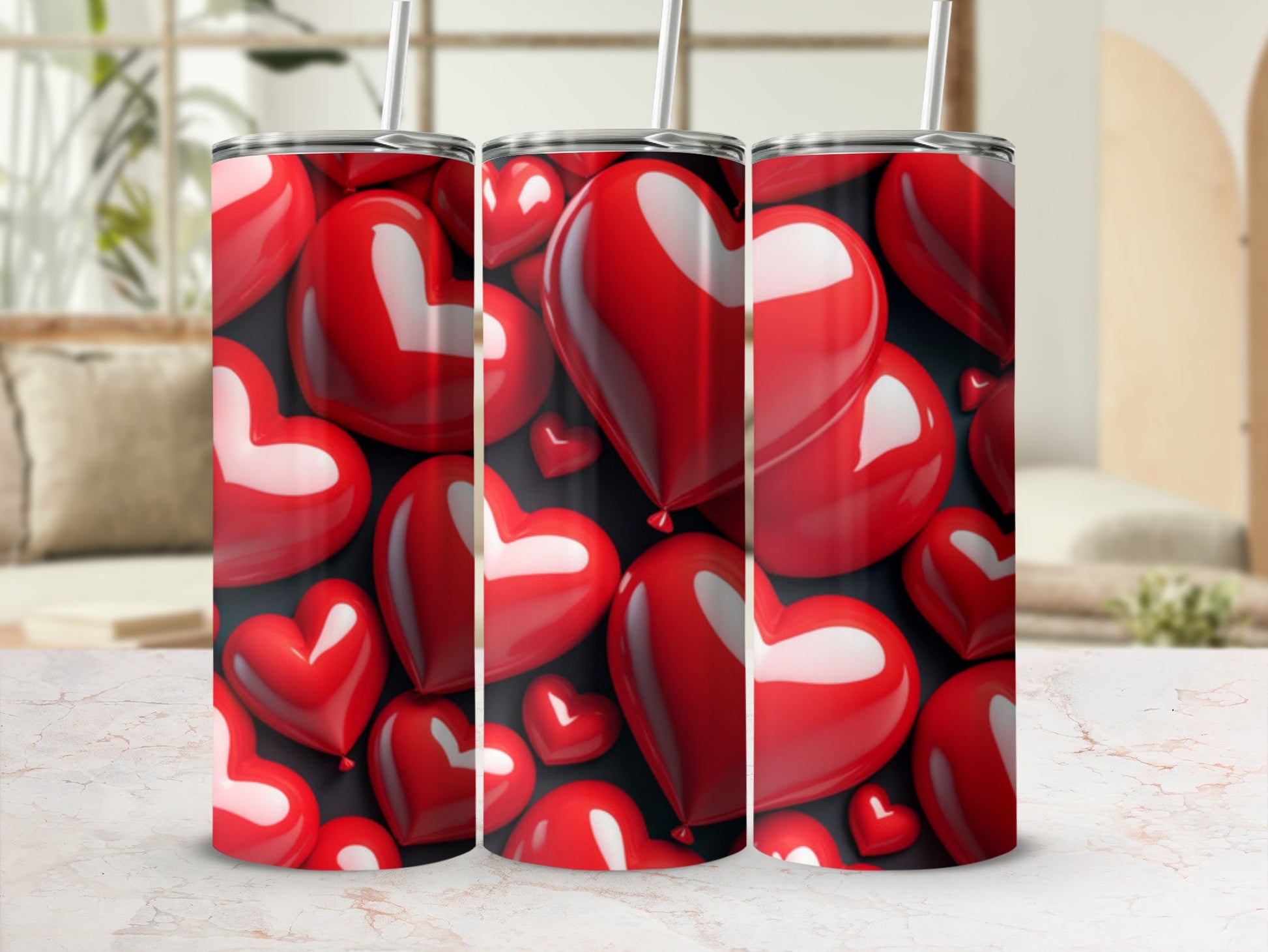 Red heart pattern on a skinny tumbler with straw.