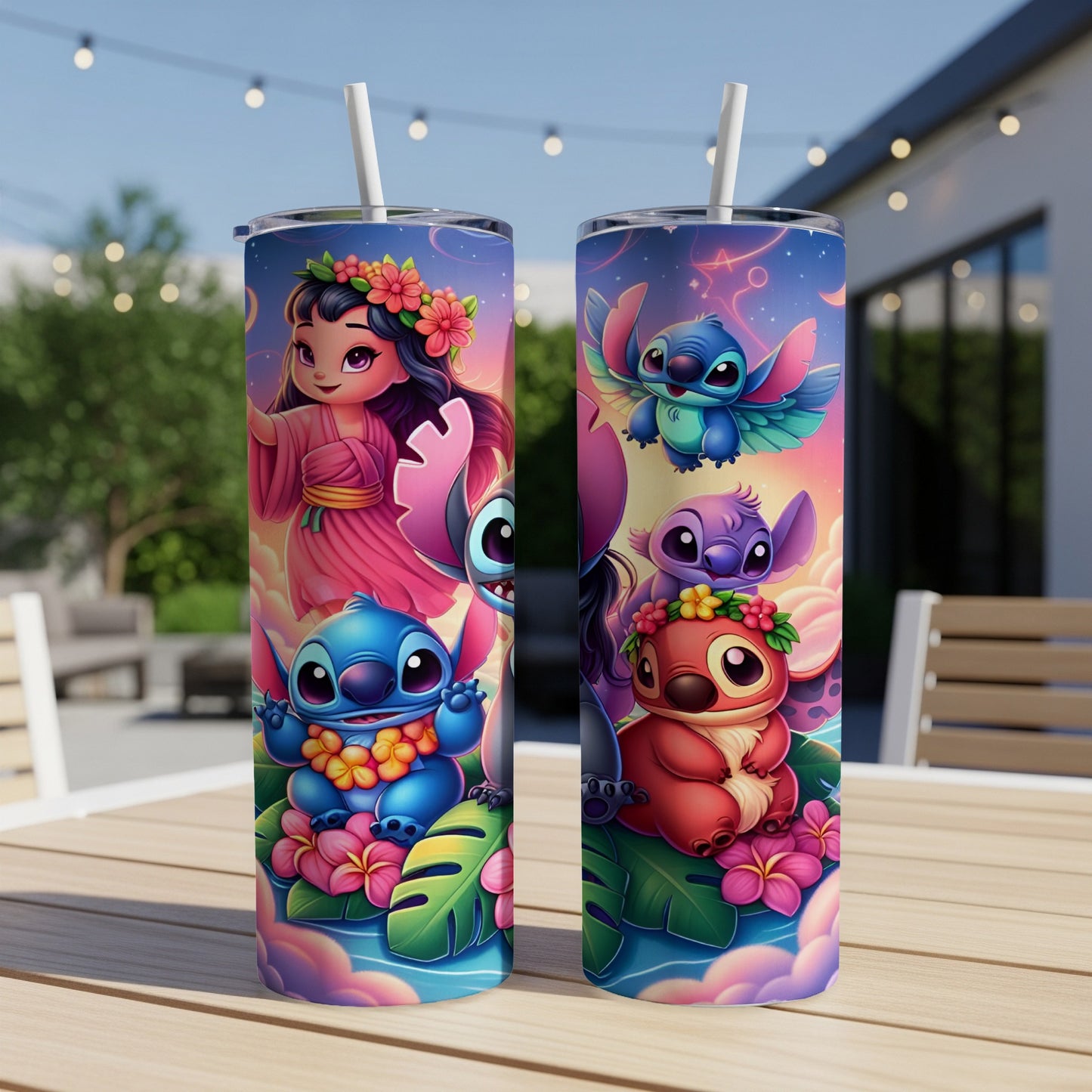 Two tumblers decorated with Disney's Stitch and other characters on a patio table.