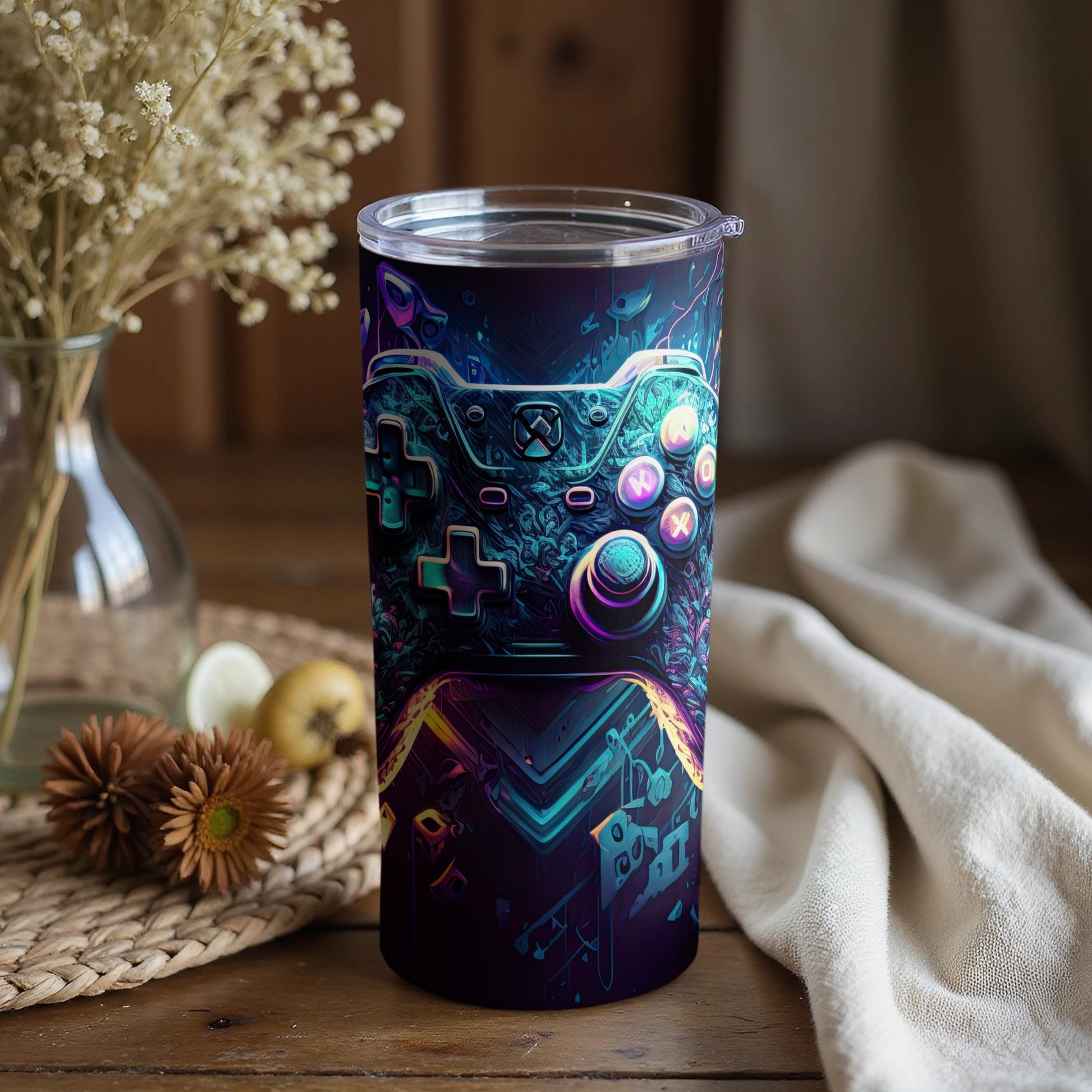 Vibrant neon gaming controller themed tumbler design