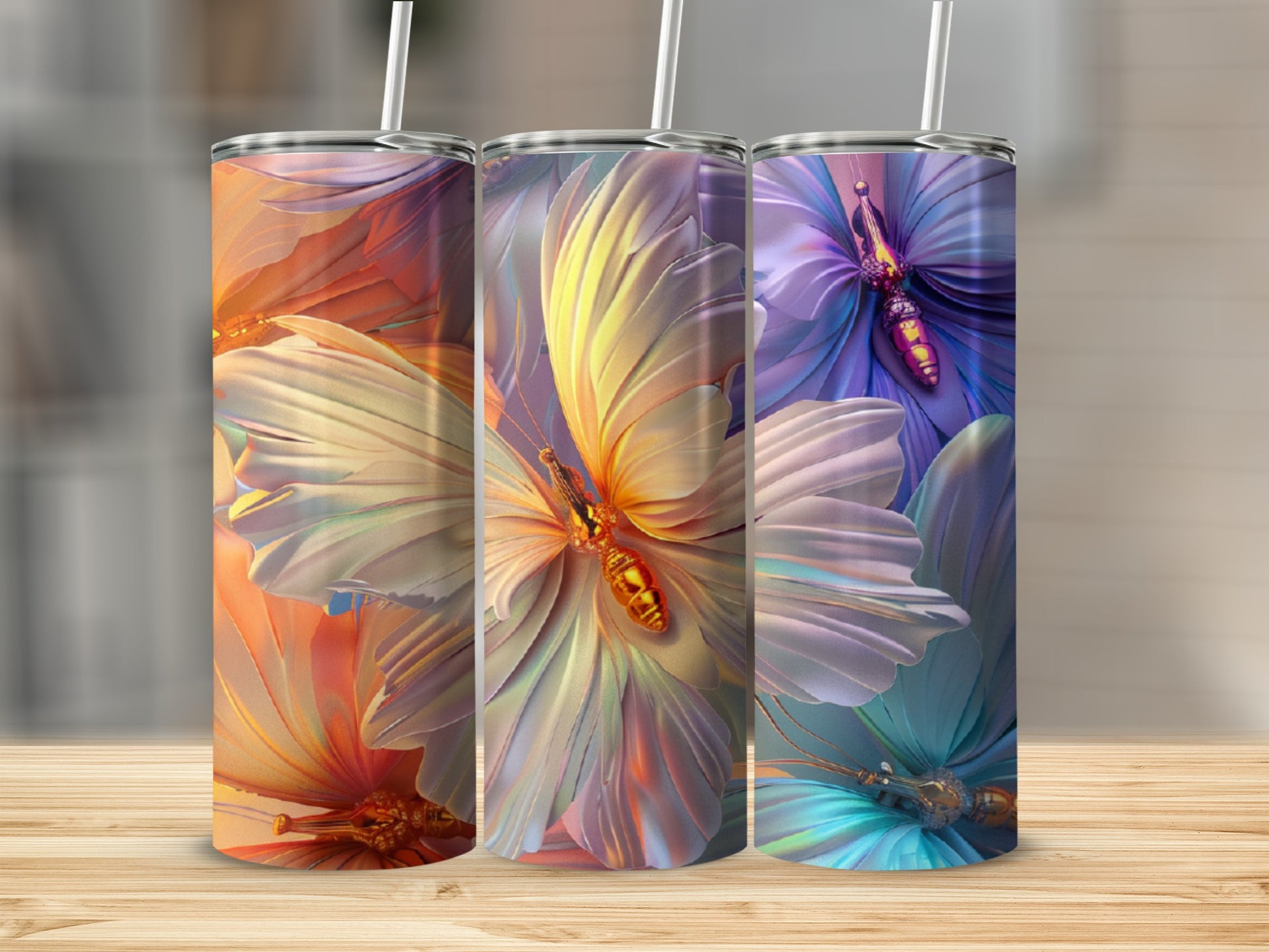 Three tumblers featuring colorful, textured butterfly designs.