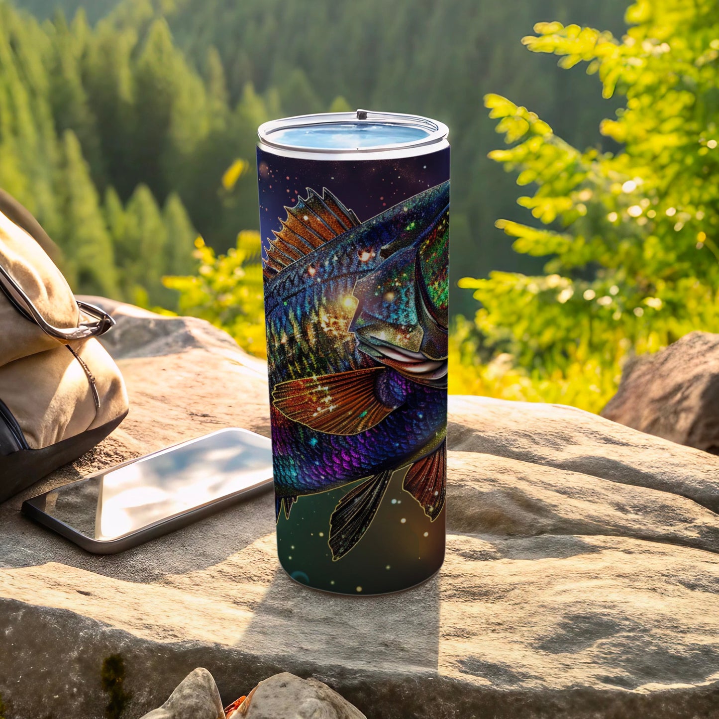 Tall tumbler with colorful fish design on a rock with a backpack and phone.